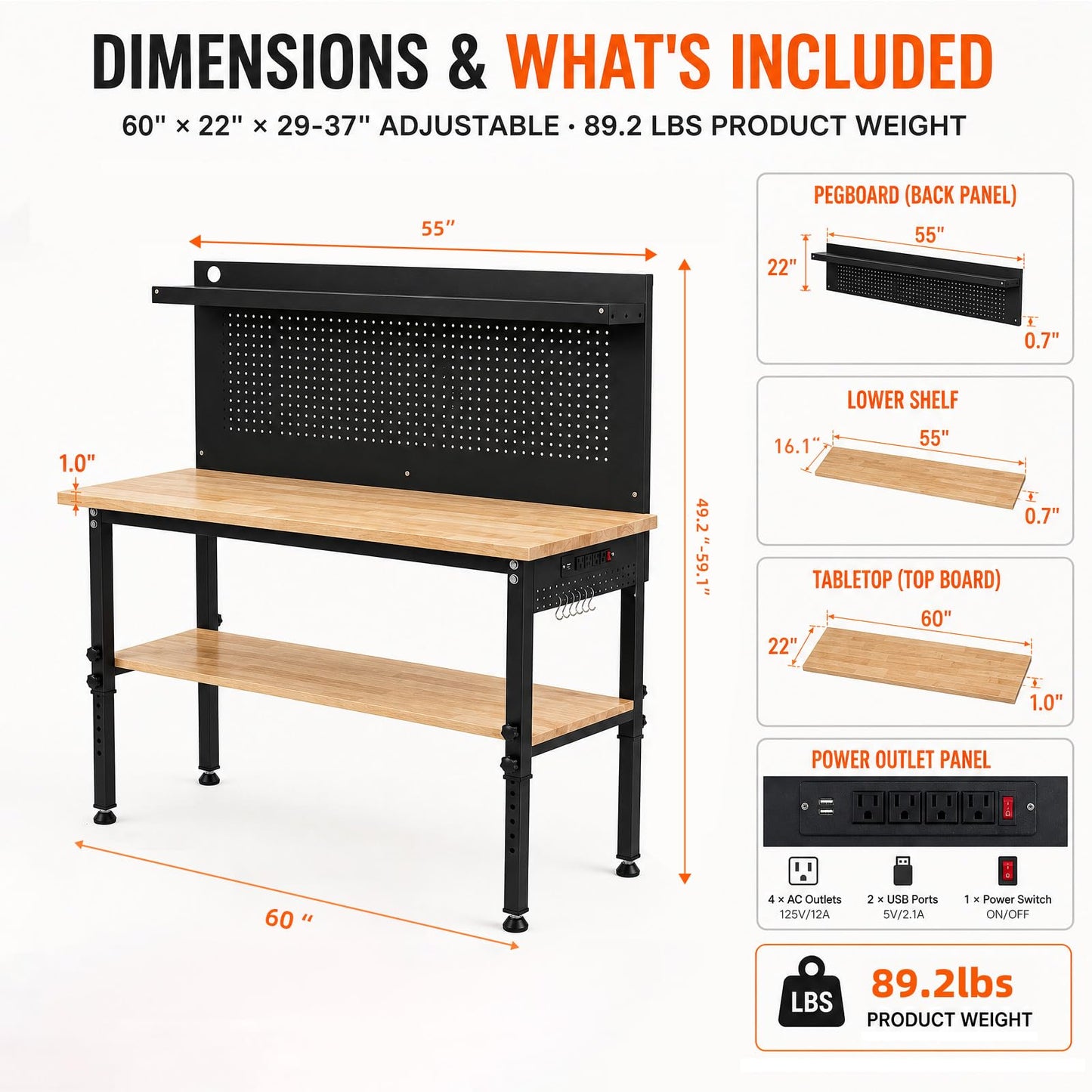 60'' Adjustable Workbench with Storage Shelf & Pegboard – Max Load 2000 LBS, Heavy Duty Rubber Wood Tabletop Tool Bench with AC/USB Outlet, Garage Organization, Work Benches for Workshop, Office