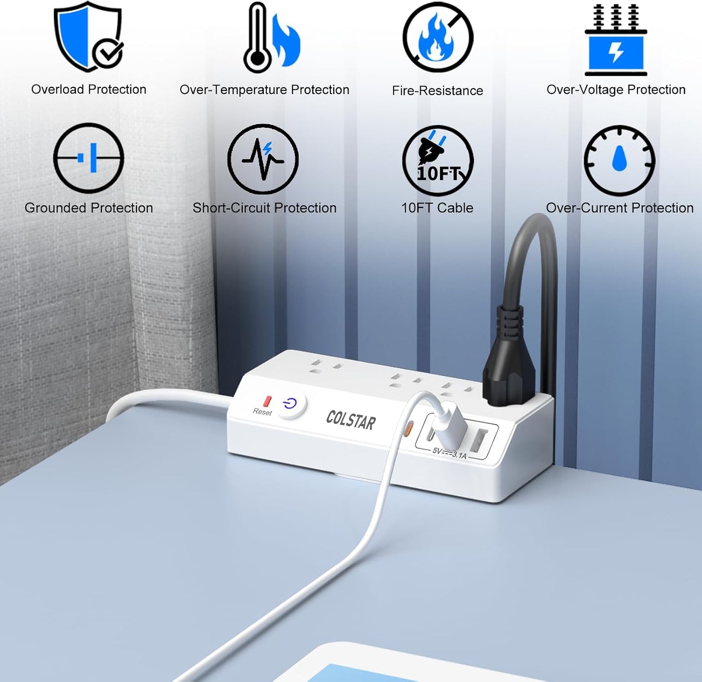colstar 20W 10FT Desk Clamp Power Strip with USB, USB C Fast Charging, Clamps Securely to Desk Edge, Flat Plug