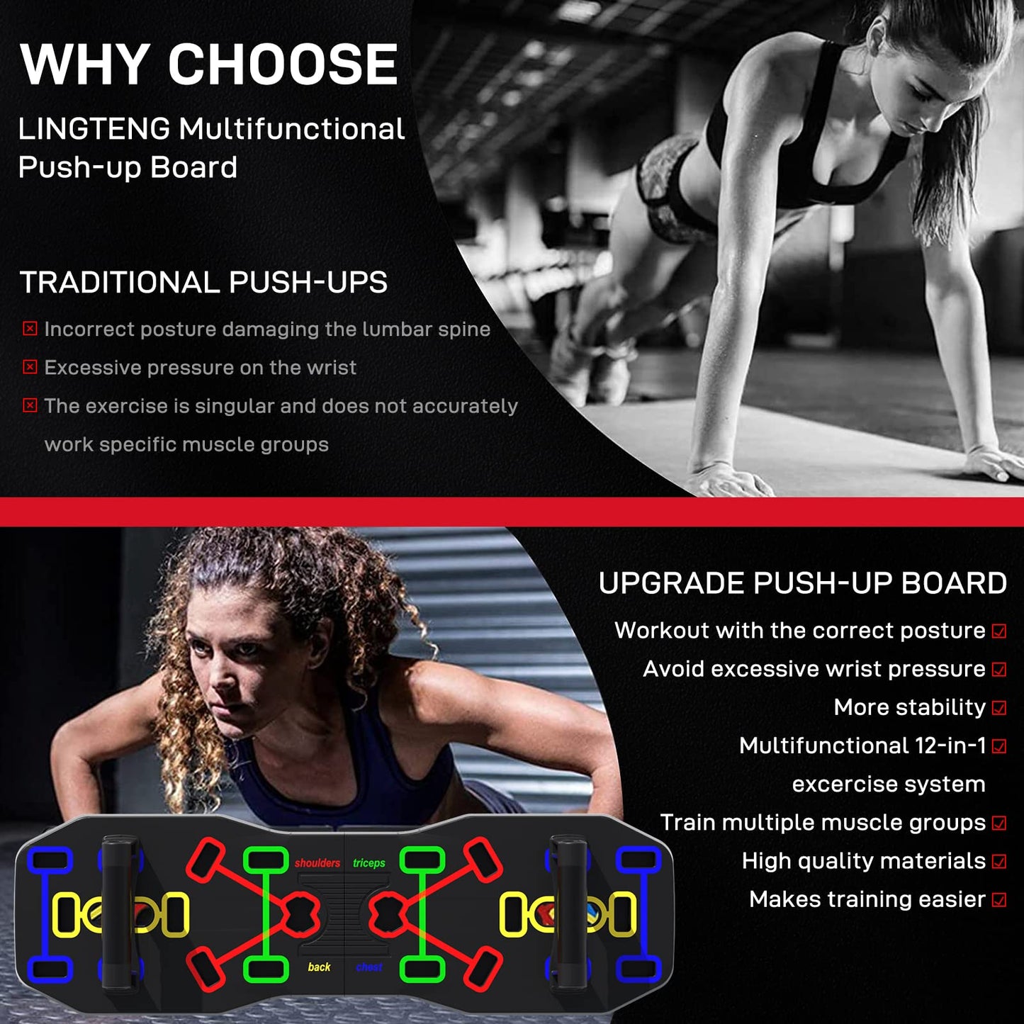 LINGTENG Push Up Board, New Upgraded 12 in 1 Push Up Bar with Pushup Handles, Portable Multi-Function Foldable Home Gym, Abs Workout, Strength Training Equipment for Men & Women