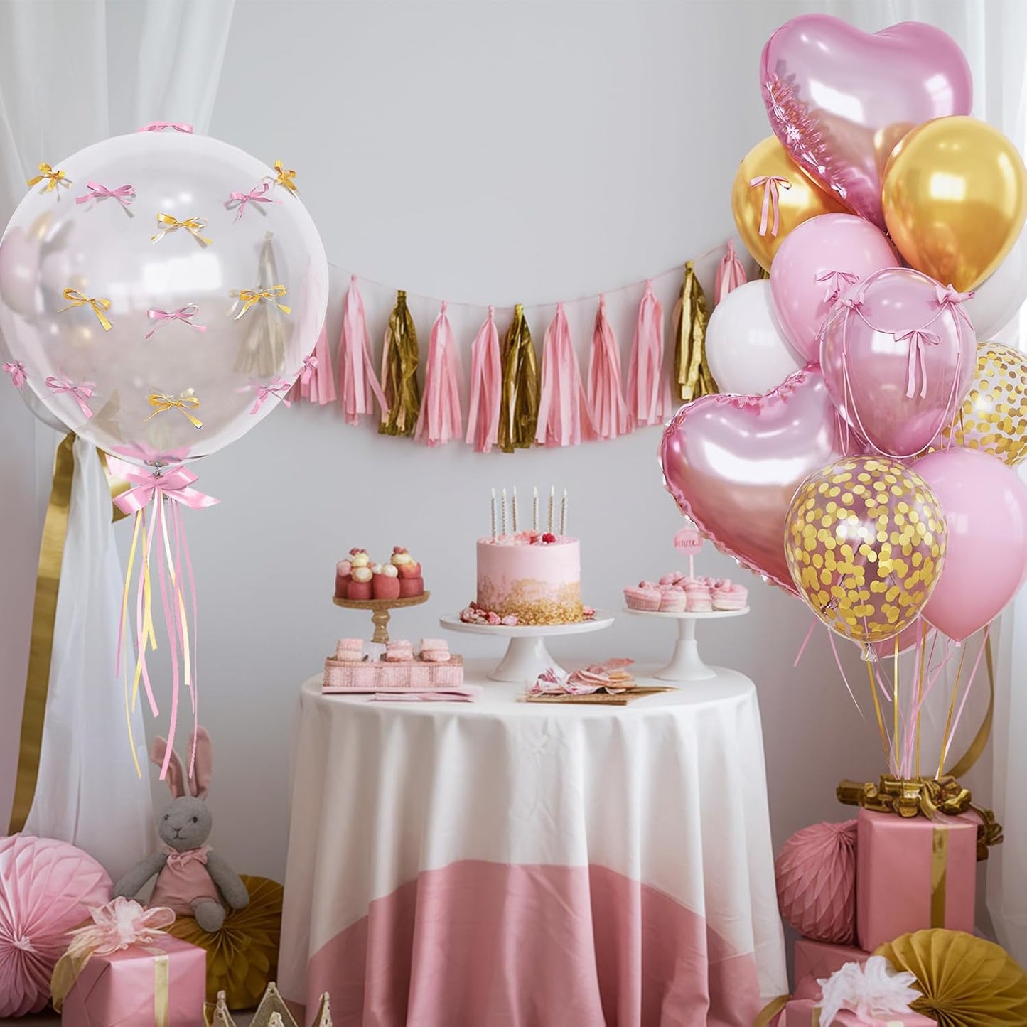 Skiennix Heart Shape Balloons - Light Pink & Gold Metallic Confetti | 18" Clear Mylar for Birthday Decor