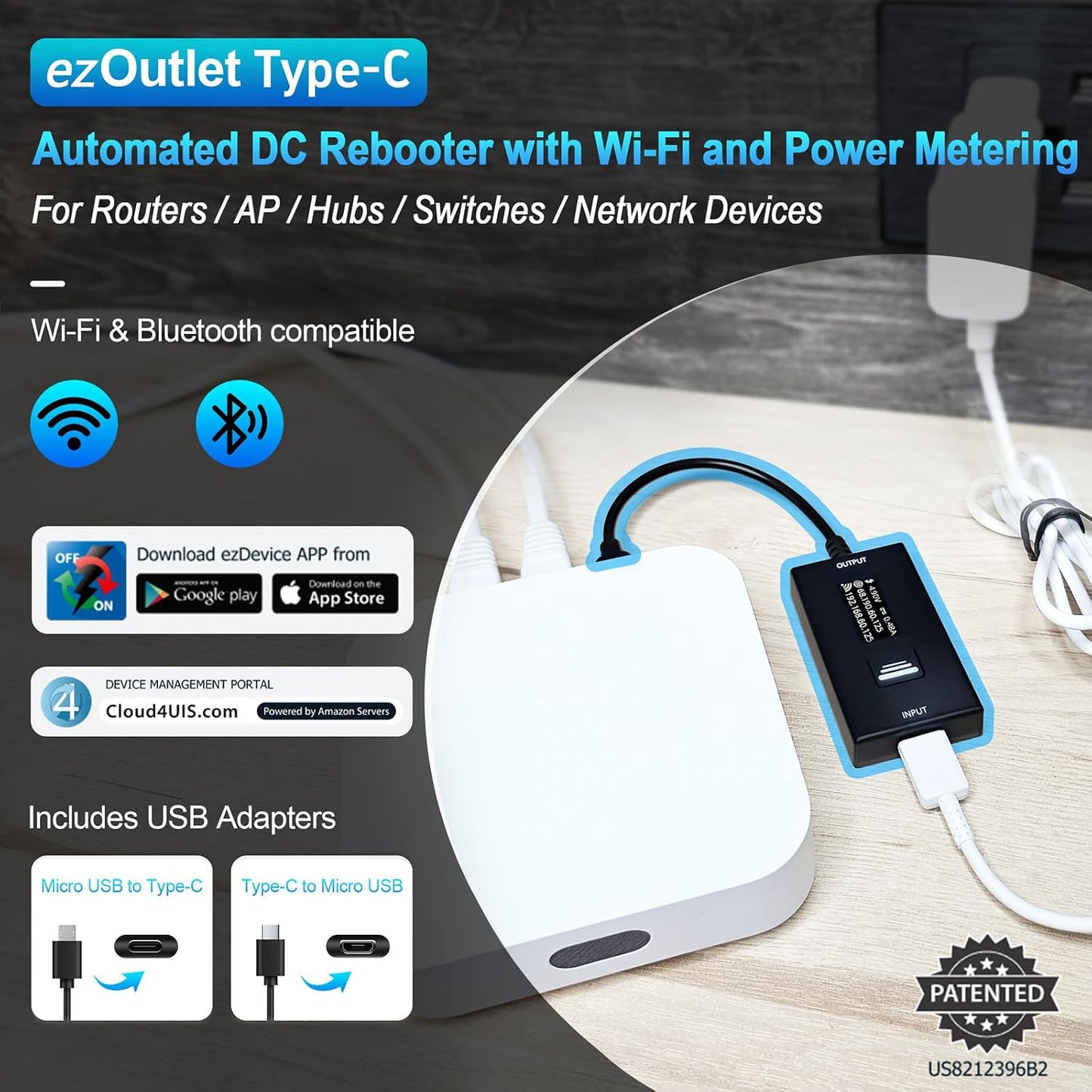 ezOutlet Automatic Router Rebooter Wi-Fi IP Enabled Remote DC Power Switch (USB Type-C Plug) with Auto Reboot