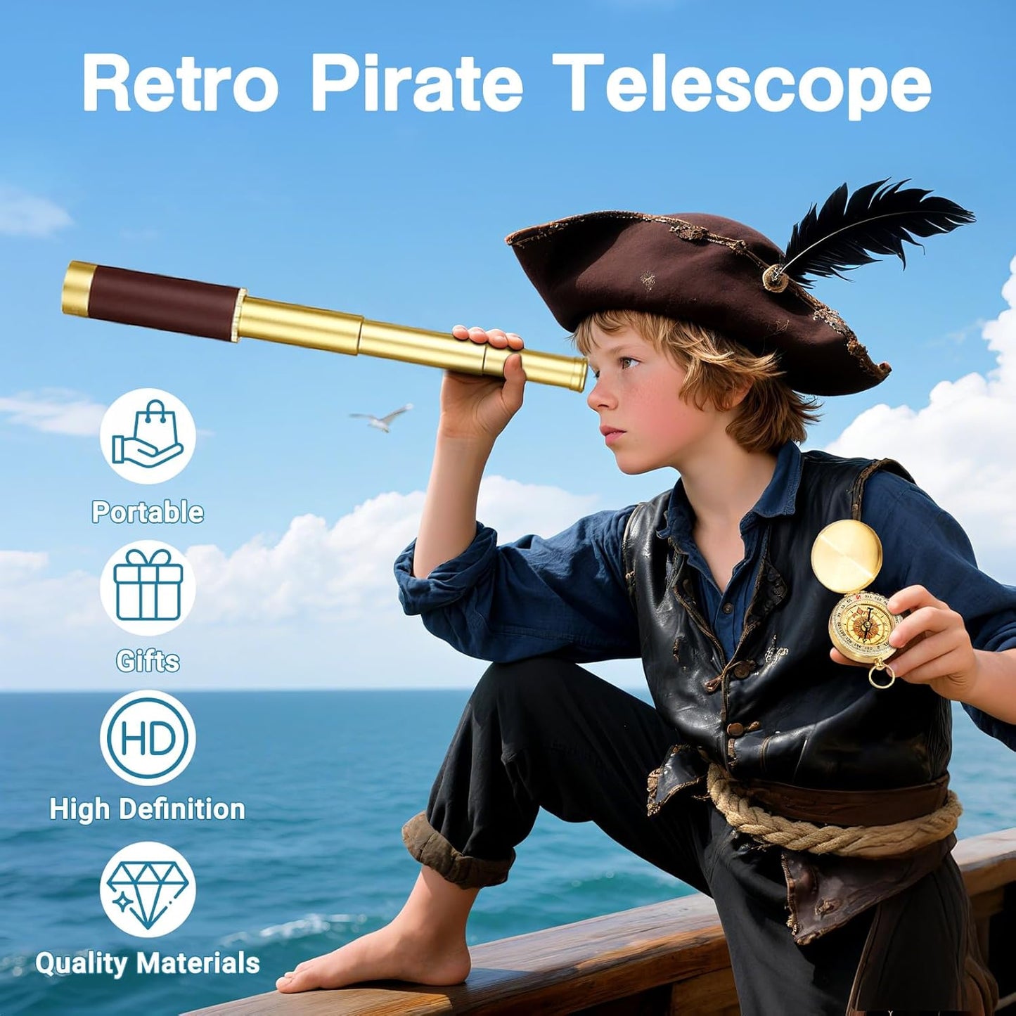 Laupha 25x30 Retro Pirate Telescope Zoomable Spyglass Portable Collapsible Handheld Telescope Vintage Monocular