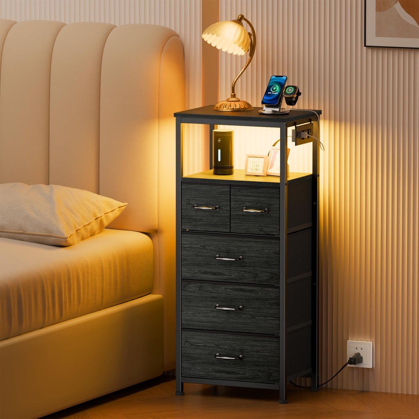 Furnulem Dresser for Bedroom, Tall Nightstand, Vertical Chest with Wood Top, Charging Station, LED Lights, 5 Fabric Bins, Bedside Table with Shelf, Furniture for Entryway (5 Drawer, Black Oak)