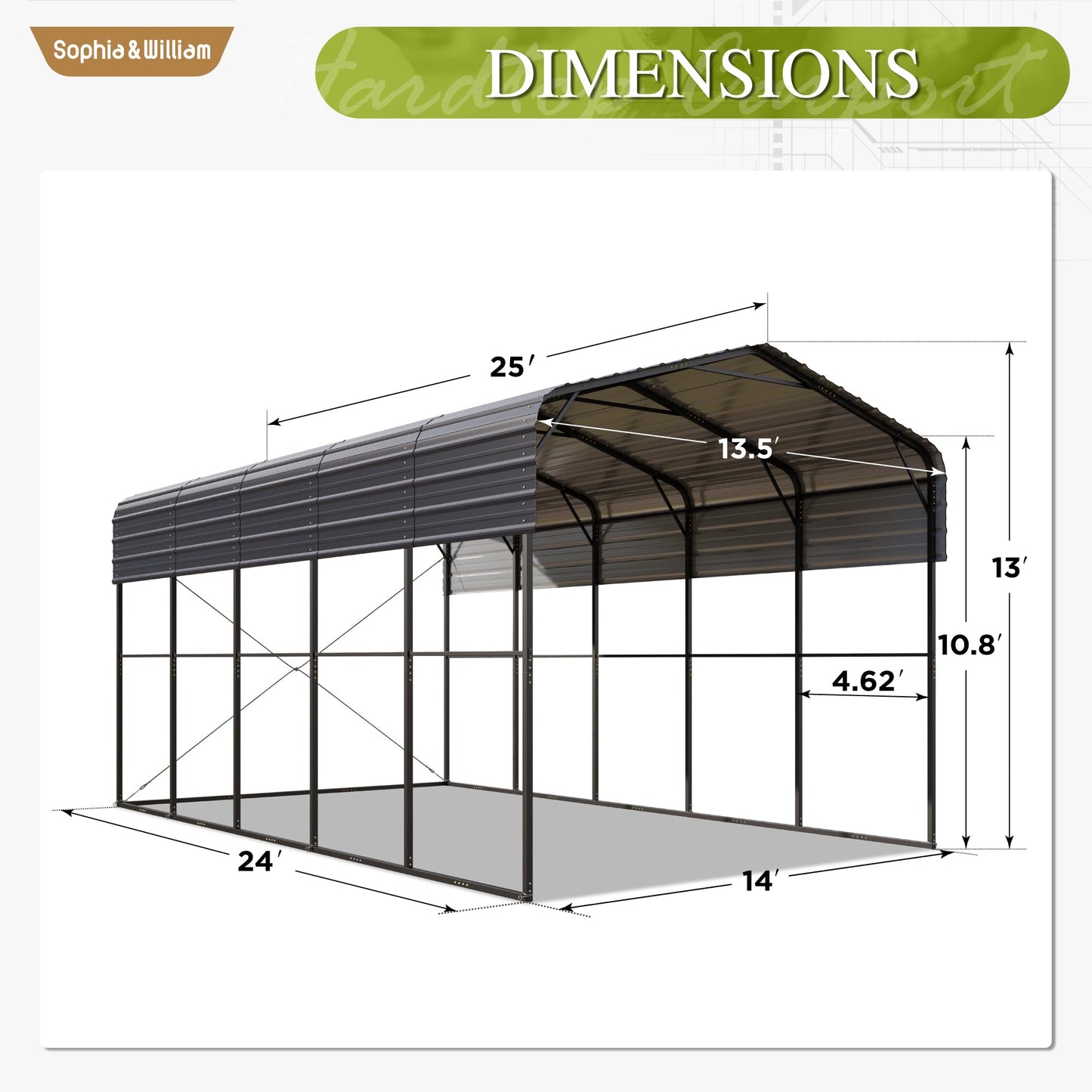 Sophia & William 14x25x13FT Heavy-Duty RV Carport Extra-Tall Shelter for Class A/B/C RVs, Trailers & More (Galvanized Steel Roof), Dark Grey