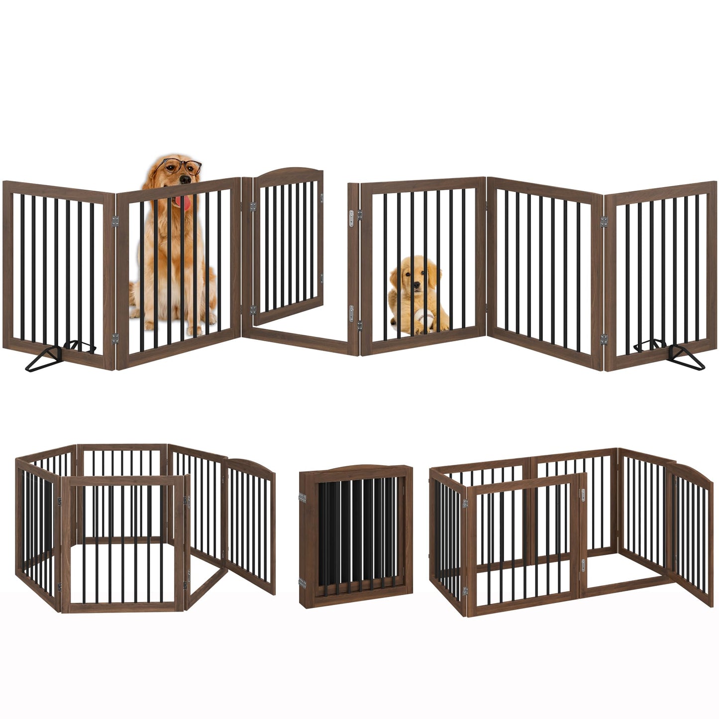 Vantas Folding Pet Gate 144" Wide, 30" Tall No-Assembly Wooden Dog Gate with Door Walk Through, Freestanding Puppy Safety Fence, with 2PCS Support - Brown
