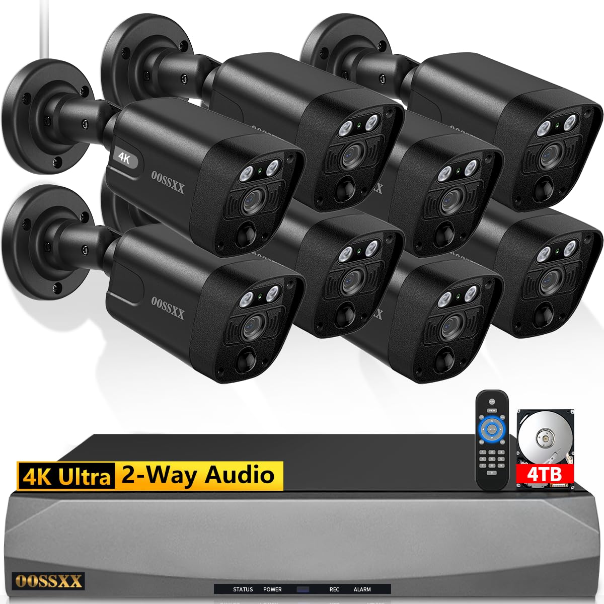 OOSSXX (2026 Update) 4K PoE Security Camera System w/PIR & AI Human Detection, 8CH NVR w/ 4TB HDD, 8 Cameras, 130° Ultra Wide Angle, 60-Day Recording, 2-Way Audio, Remote Control, No Monthly Fee