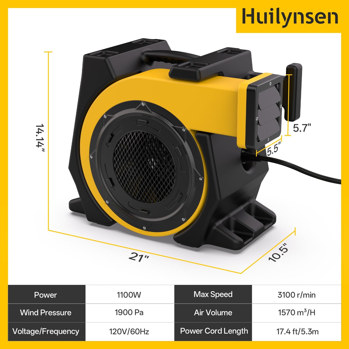Huilynsen Air Blower for Inflatables 1.5 HP,Commercial Bounce House Blower with Double-Sided Fan Blade 1500 CFM PP Weatherpoof Blower Fan for Inflatable Water Slide,Paint Booth(Black&Yellow)