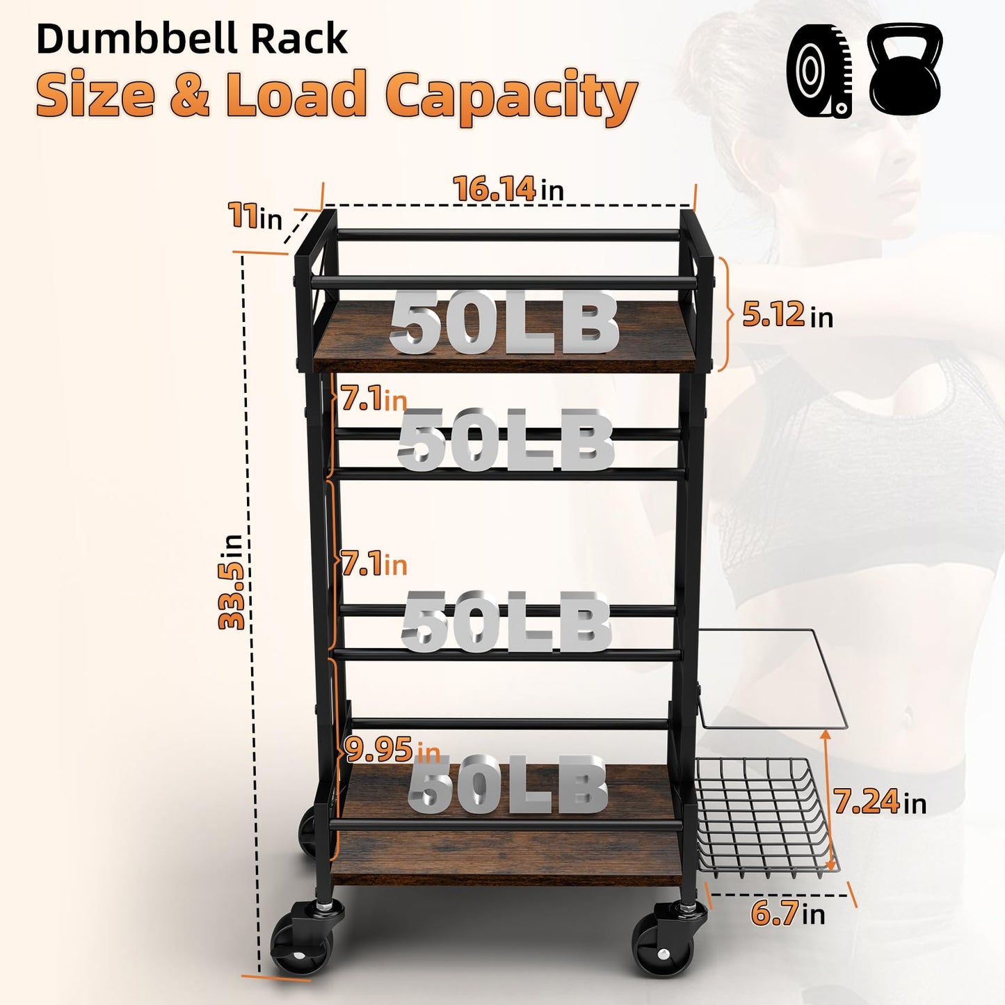 4 Tier Home Gym Storage Rack with Wheels, Yoga Mat Rack Small Dumbbell Weight Rack, Multi-Functional Wood Metal Gym Equipment Storage Rack Workout Cart for Women Kettlebell Fitness Organizer
