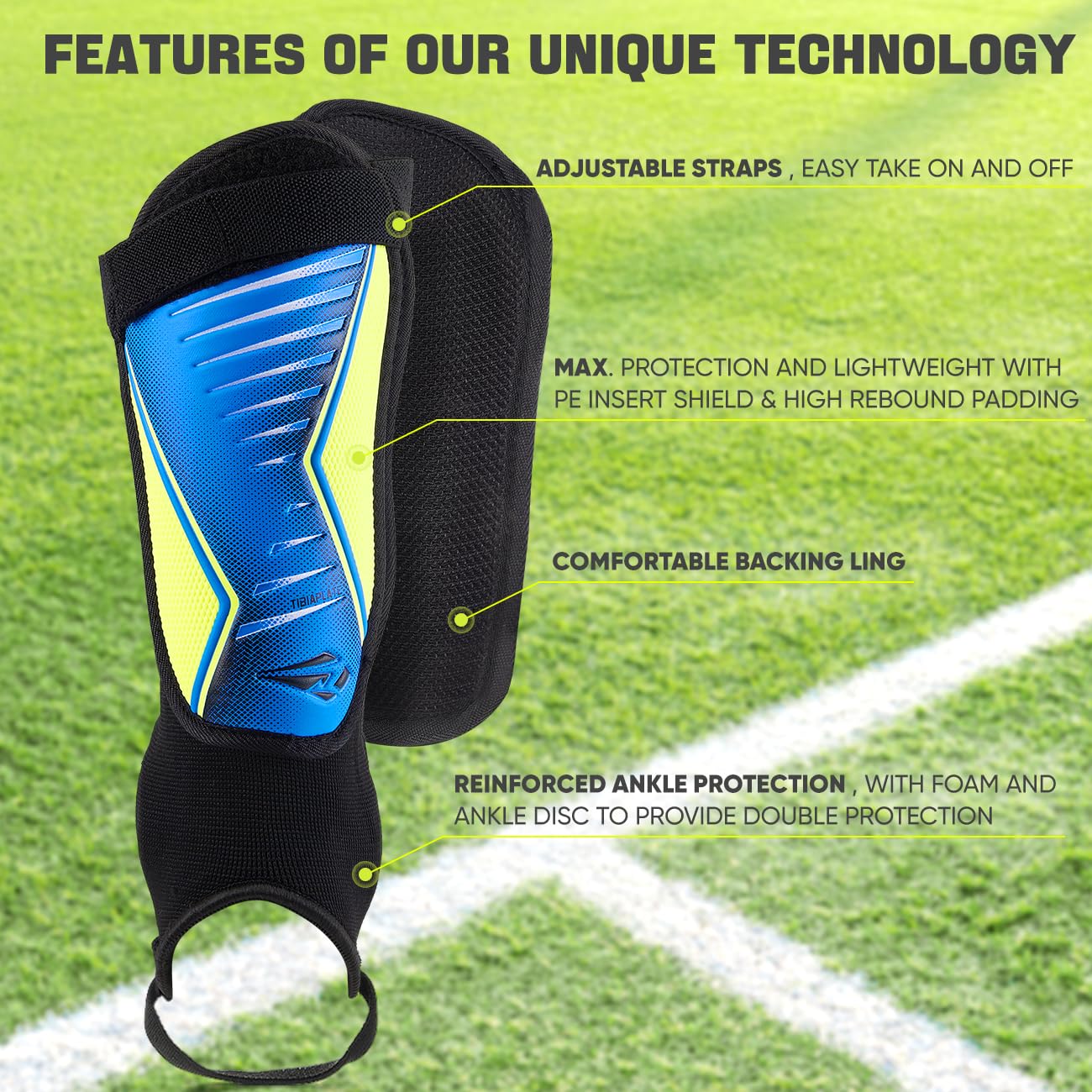 Rawxy Football Soccer Shin Guards with Exceptional Flexible Soft Light Weight - Great for Boys Girls Junior Youth(Blue Yellow, S&M)