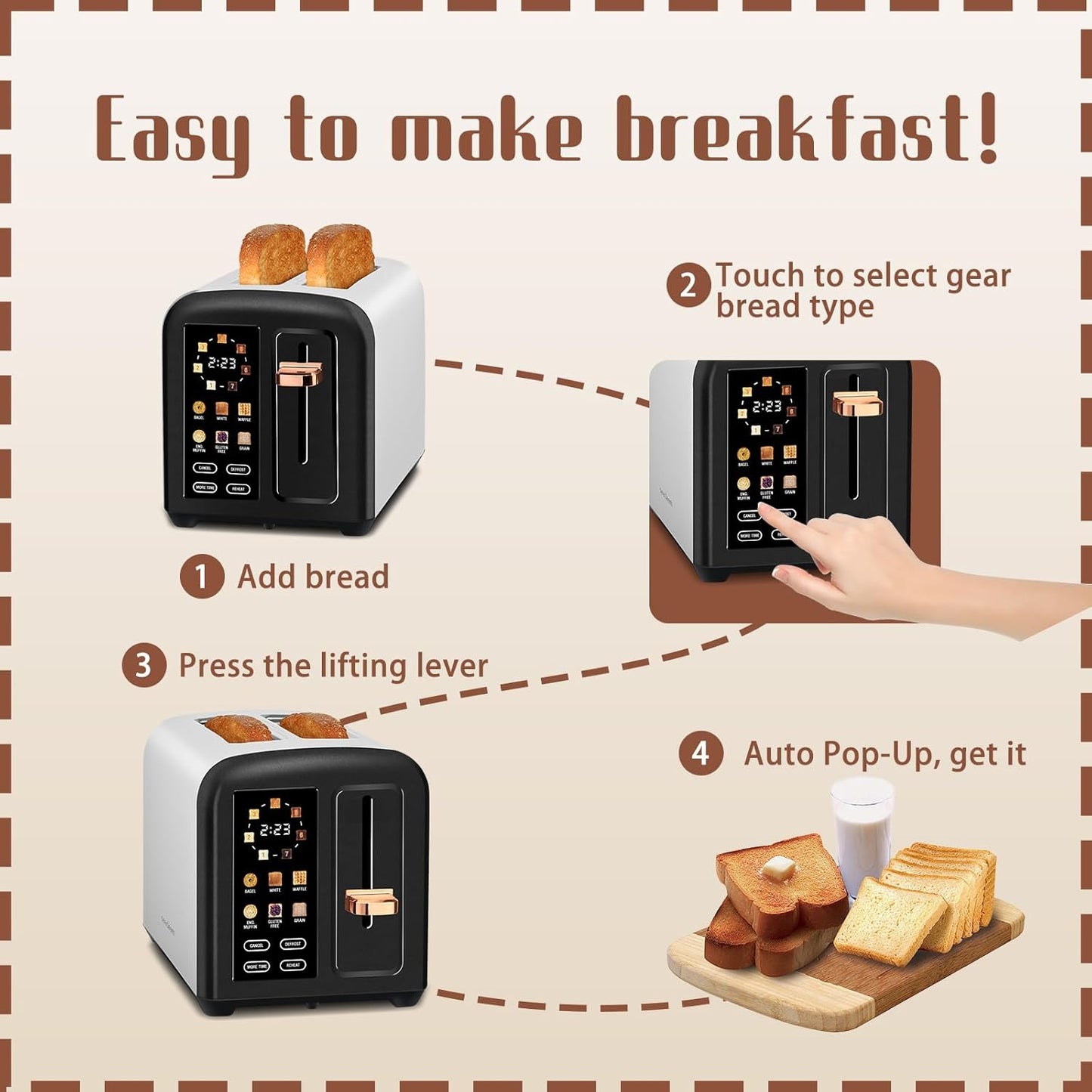 SEEDEEM 2-Slice Toaster - Touch Screen, 7 Shade Settings, 1.5” Wide Slots, Dark Chocolate Finish