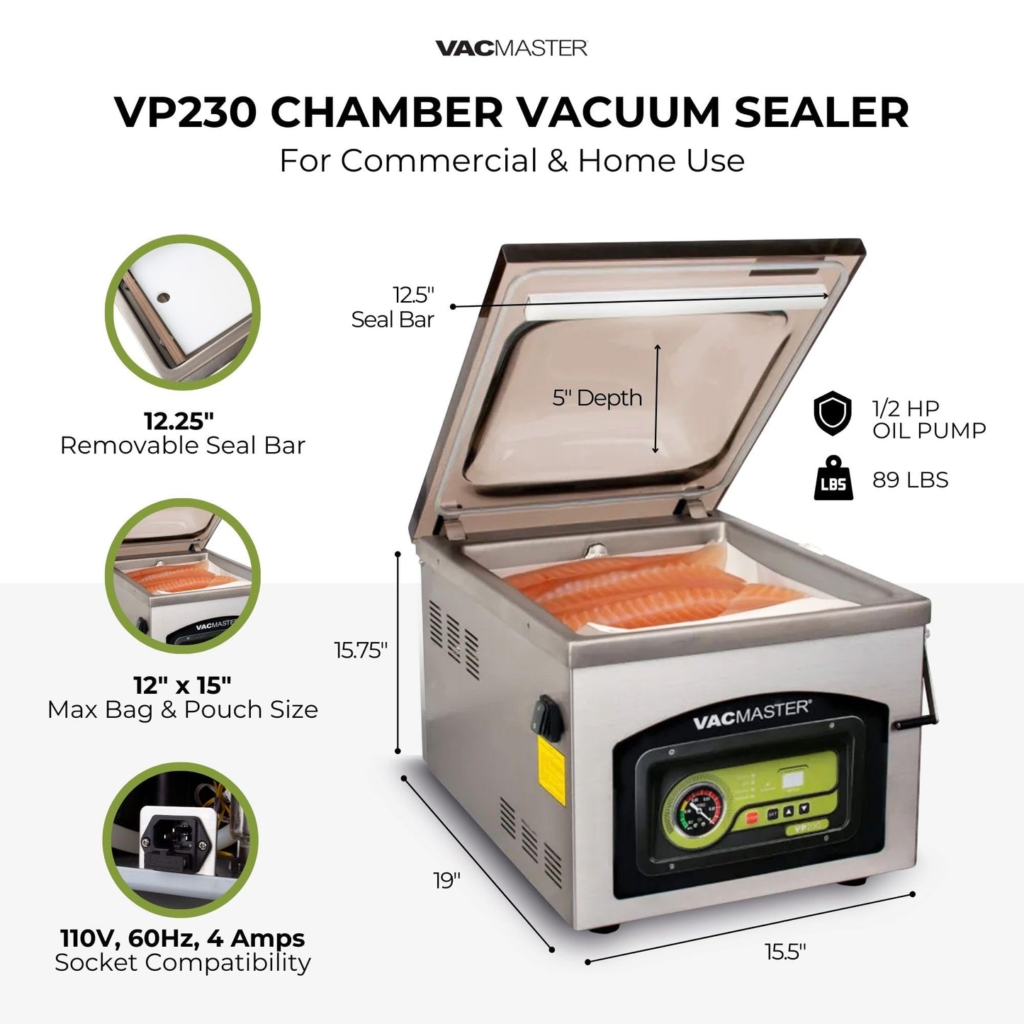 VacMaster VP230 Chamber Vacuum Sealer – Commercial Vacuum Sealer Machine for Food with 1/2 HP Oil Pump, 12.25” Seal Bar for 12” x 15” Bags, Food Vacuum Sealer for Sous Vide, Liquids & Food Storage