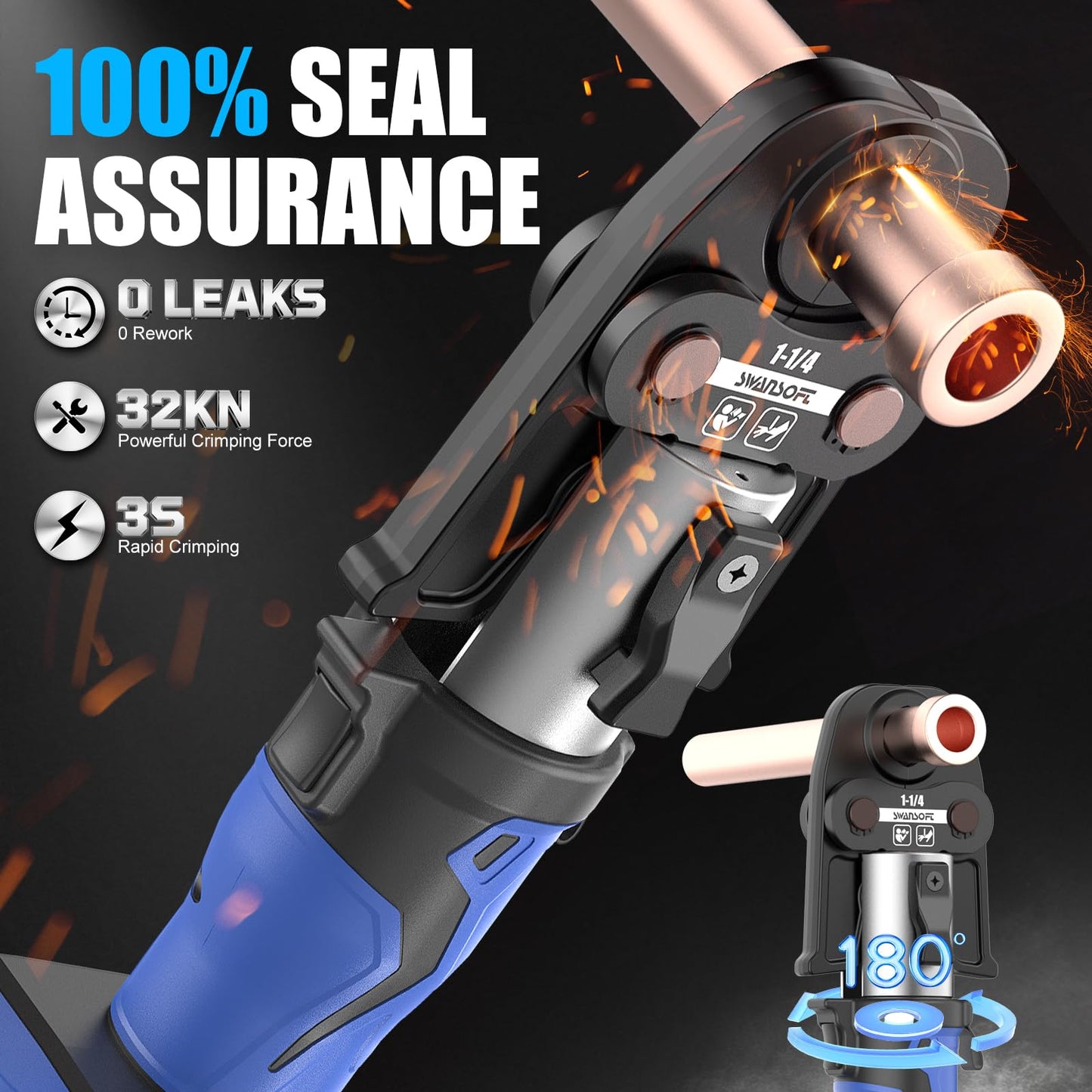 SWANSOFT Pro Press Tool for Copper Pipes, 32kN Pro Press Tool Kit with 6 US Standard Jaws 1/2", 3/4'', 1", 1-1/4", 1-1/2", 2", 18V Brushless Motor Electric Pipe Crimping Tool with 2Pcs 4Ah Battery