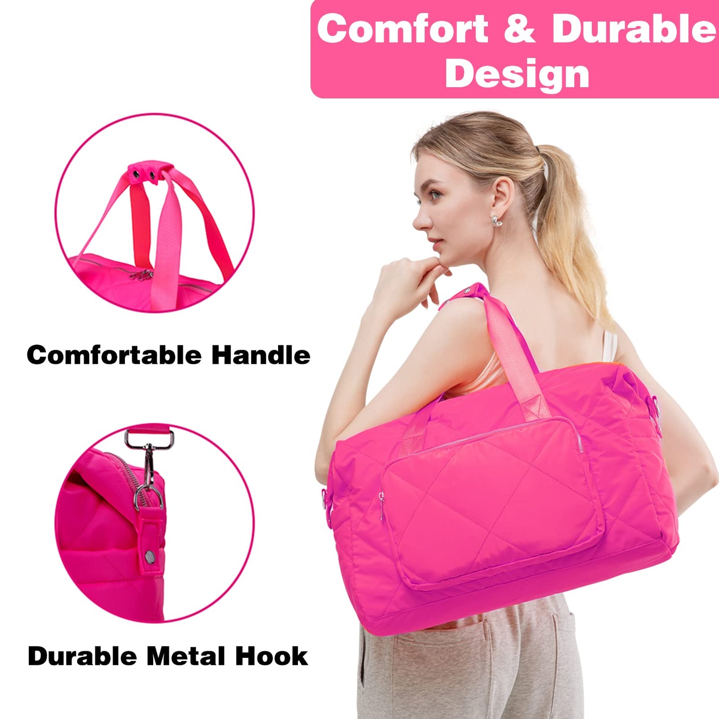 Hot Pink Gym Bag for Women, 18 Inch Lightweight Puffy Carry On Duffel Bag for Travel Sports Yoga, Water Resistant