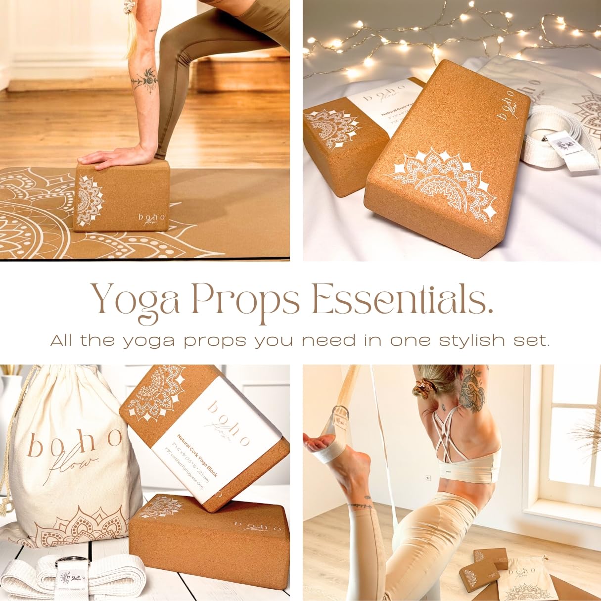 Boho Flow Cork Yoga Block Set – 2 Pack with Strap & Canvas Bag | Luxury Portuguese Yoga Blocks 9”x6”x3” | Heavy-Duty, Non-Slip Support | Eco-Friendly, Plastic-Free Materials