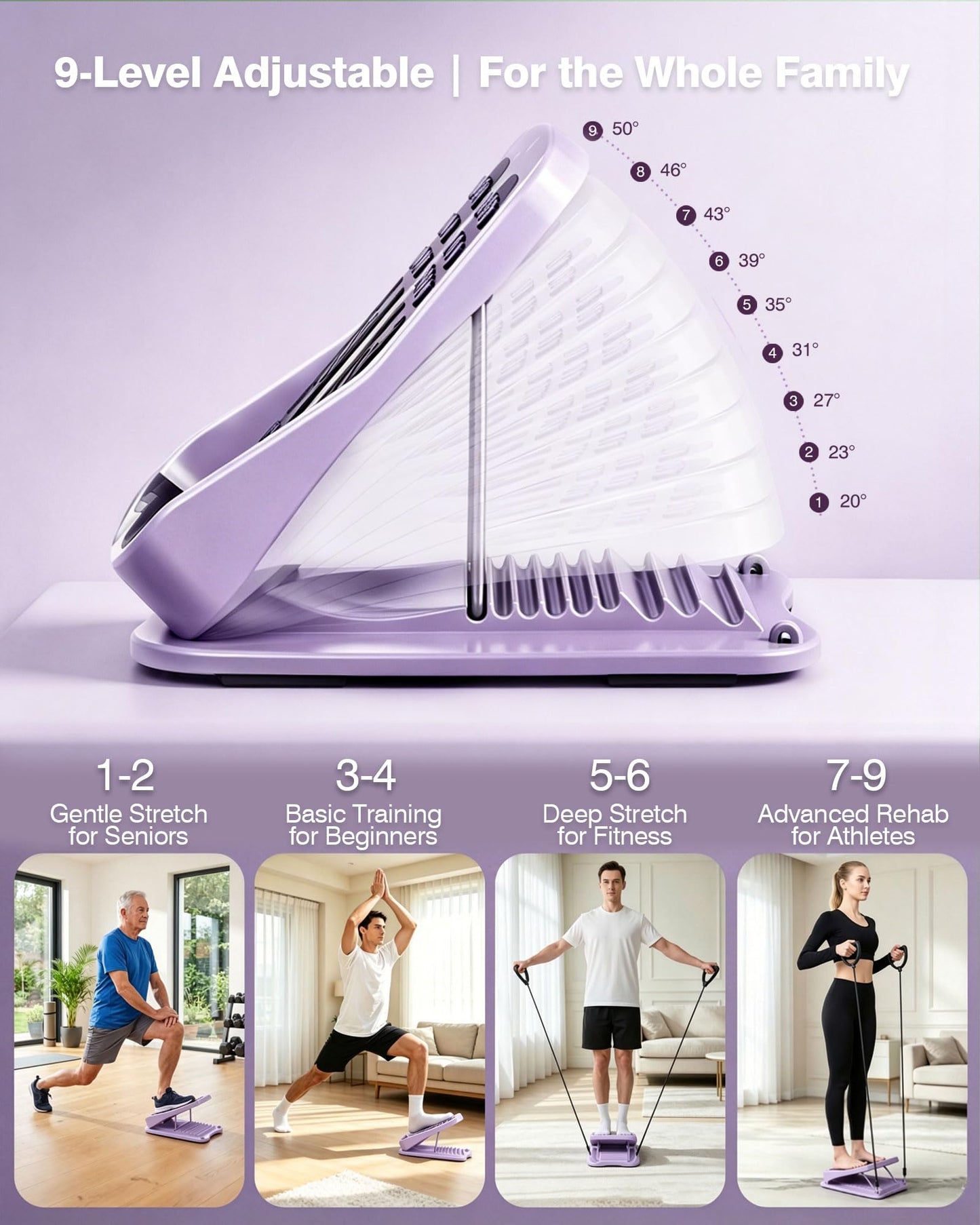 9-Level Adjustable Slant Board for Calf Stretching, Incline Board with 2 Resistance Bands, Portable Calf Stretcher for Exercise & Physical Therapy Equipment (Purple)