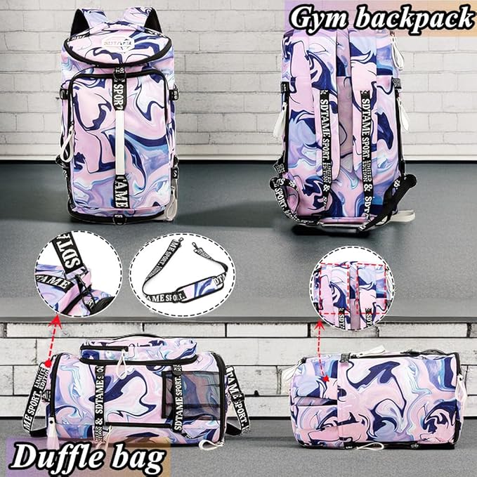 Gym Duffle Bag Backpack with Shoe Compartment,4 ways Travel Backpack for Women and Men,Multi-Functional Weekender bag with Waterproof Layer&Laptop Compartment for Fitness, Travel,Camping