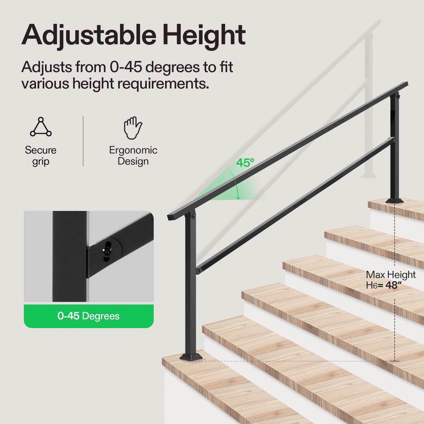 VIVOSUN Outdoor Handrail, 6 Step Stair Handrail, 83" x 36" Fits 1 to 6 Steps, Wrought Mattle Iron Handrail for Concrete Steps, Porch Steps, One-Step Assembly, Black