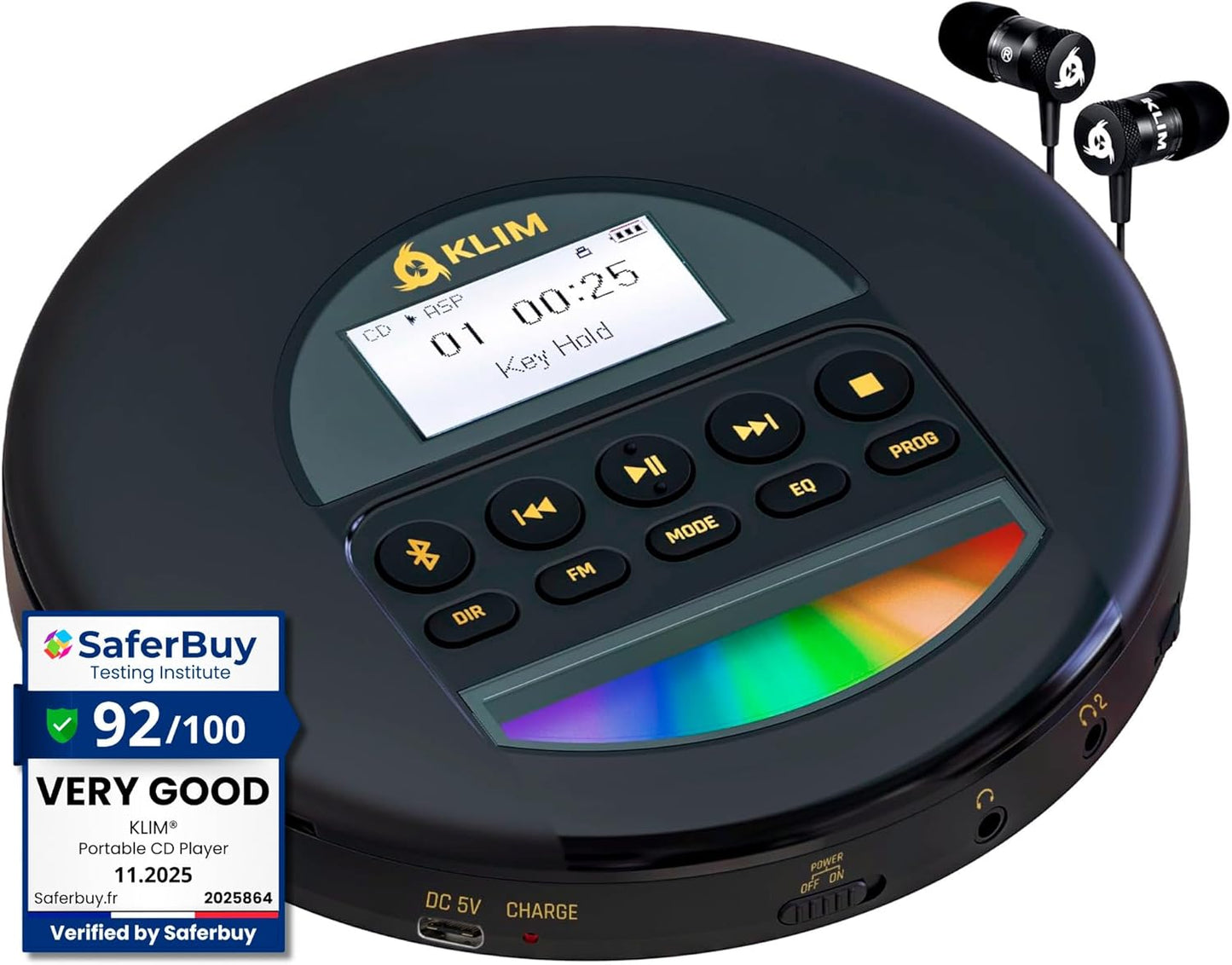 KLIM MP3 Nomad - New - Portable CD Player Walkman with Long-Lasting Battery - with Headphones - Radio FM - Compatible