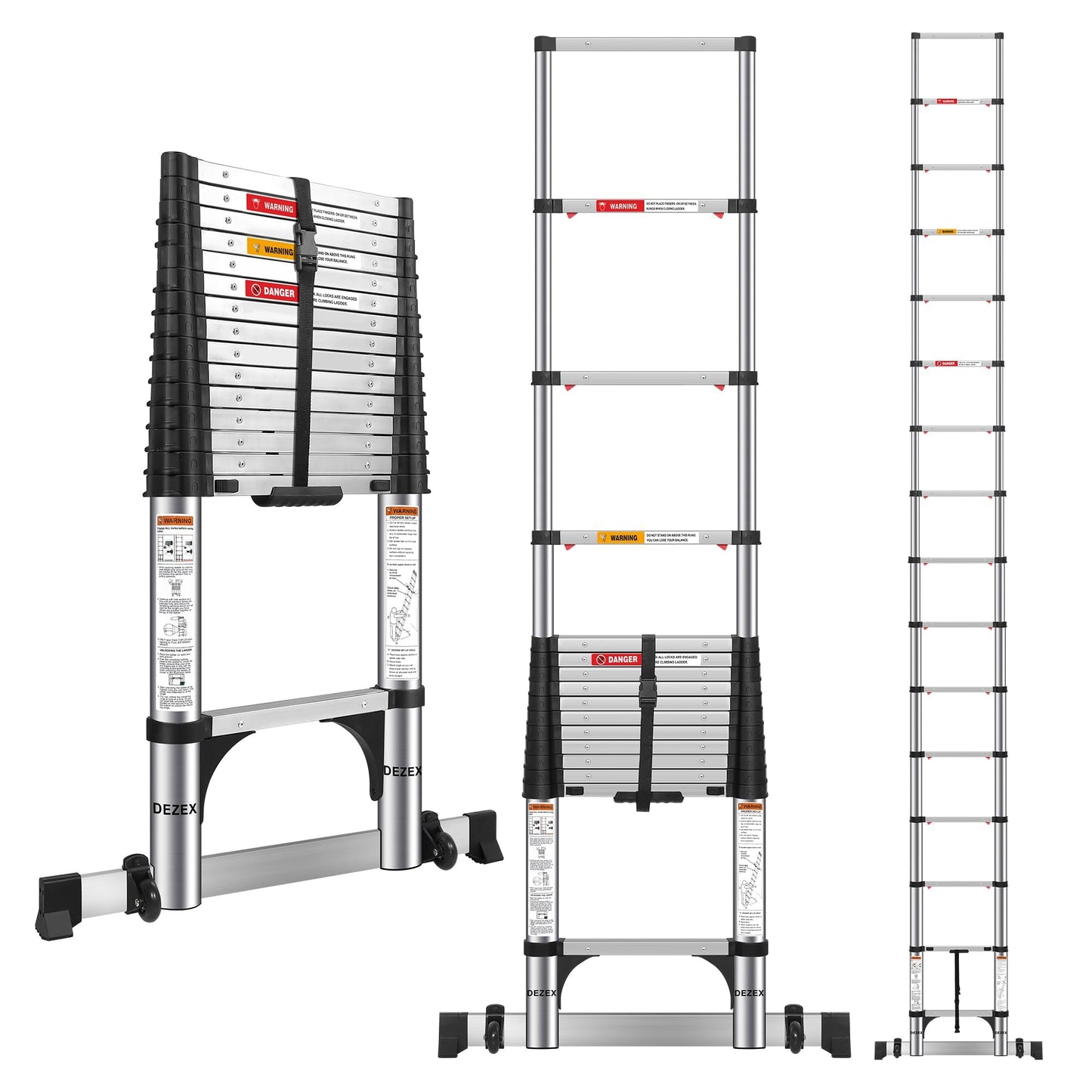 DEZEX 15.5 FT Telescoping Ladders Stainless Steel - One-Button Retraction Collapsible Ladder for Home, RV, Loft, Extension Ladder with 2 Triangle Stabilizers & Balance Bar & Wheels Lasts 330 LBS