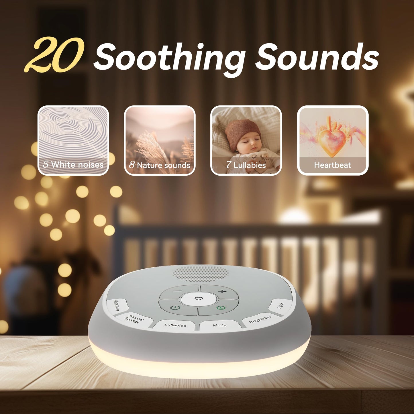 White Noise Sound Machine Baby | 20 Soothing Sounds and Night Light for Sleep and Relaxation | Heartbeat Sensor Mimics Mom’s Heartbeat for Newborns | Adjustable Volume and Auto-Off Timer (White)