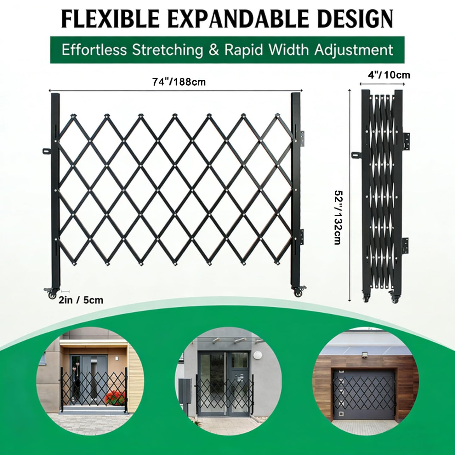 Single Folding Security Gate, Expandable Scissor Accordion Gate with 360° Swivel Casters, Barricade Gate Lockable Steel Retractable Gates for Garage, Warehouse, Doorway & Pool (52" H x 74" W)