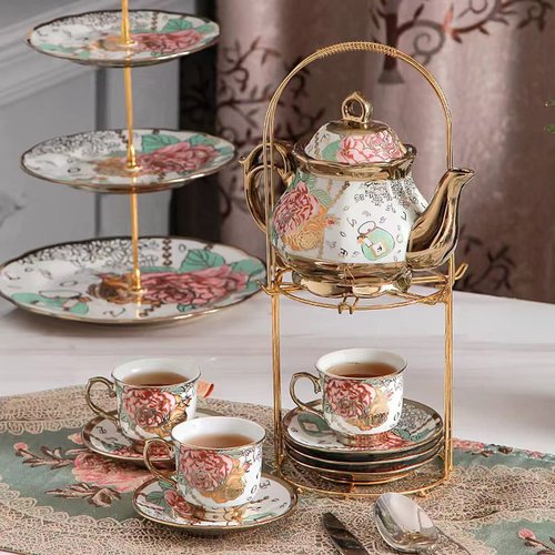 CHANJOON tea sets Gold Plated Red Rose Ceramic Tea Set, Vintage Teapot Tea Sets Beautiful Tea Set Coffee Serving 6 People (Golden, Medium)