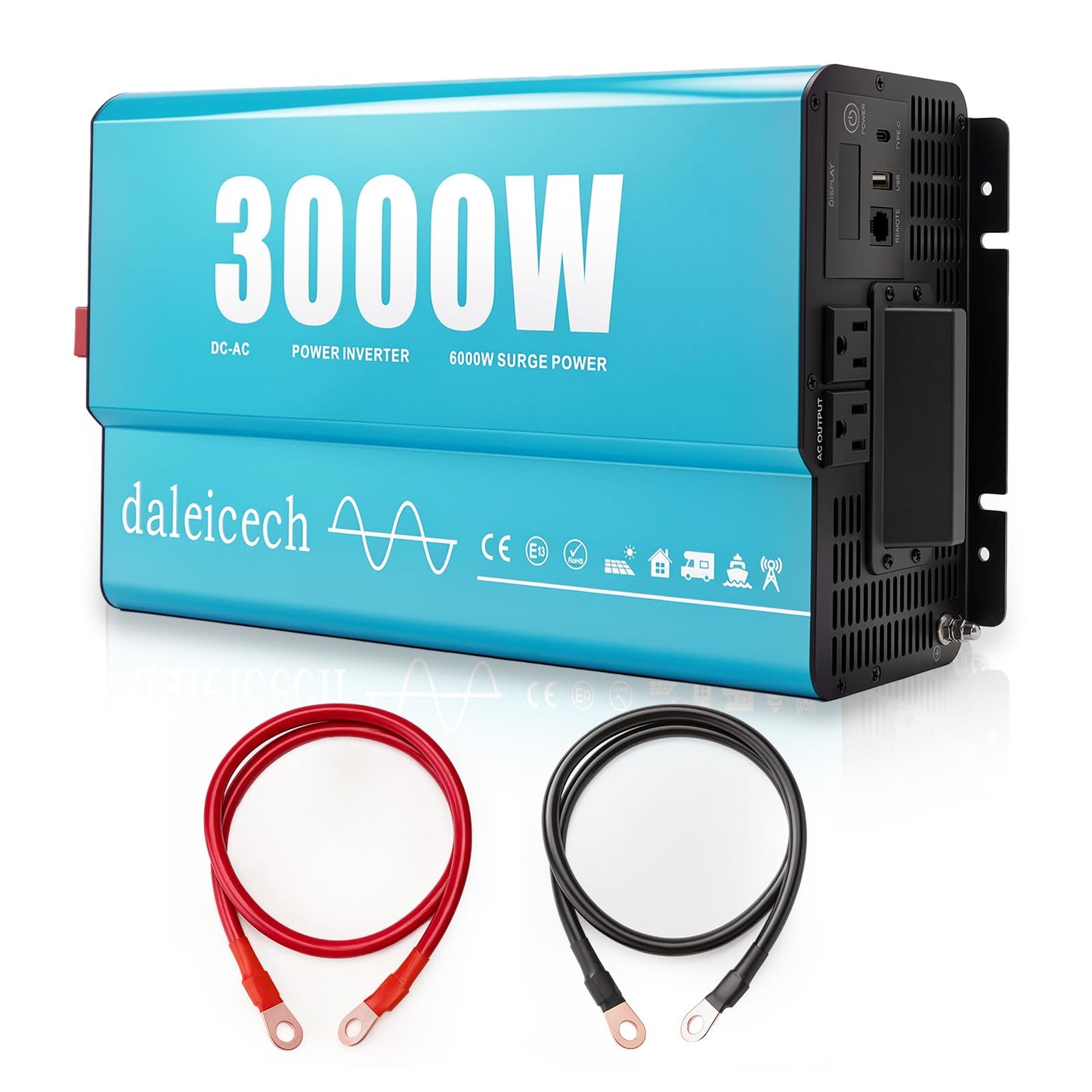 3000W Pure Sine Wave Inverter 12V DC to 120V AC, 6000W Peak, Heavy Duty Power Inverter for Semi Truck RV Off-Grid Solar Home Backup, Dual AC Outlets, Remote & LCD Ready
