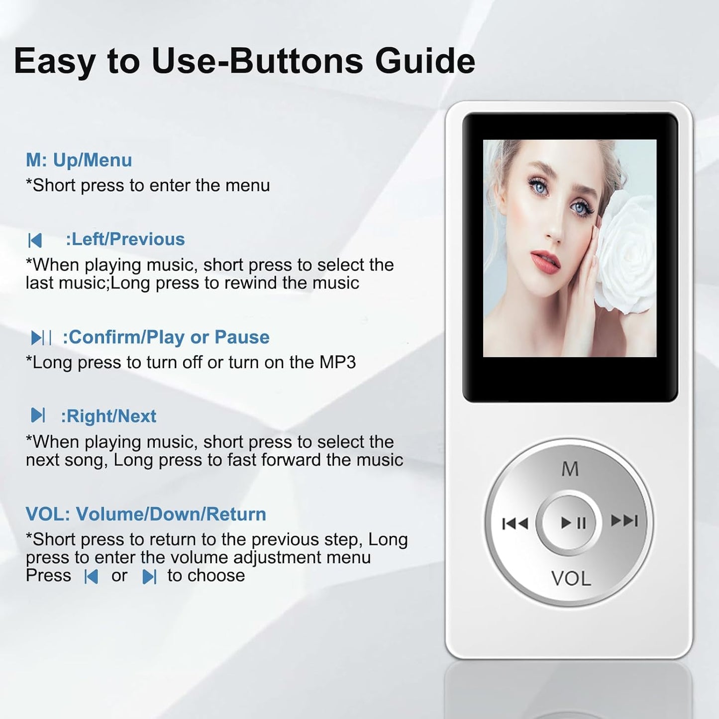 Wodgreat MP3 5.0, 1.8 inch 128GB(White, 32GB) Player with Bluetooth Screen Portable Music Player with HD Speaker, HiFi