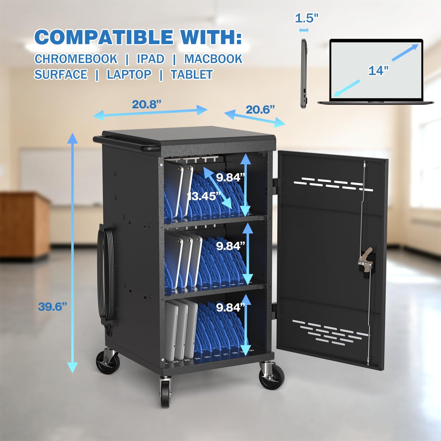 30 Unit Device Charging Station for Chromebook, iPad, 14'' Laptop - Charging Cart with Charger Cable Management, Circuit Breaker, Grounding Protection, Assembly Required