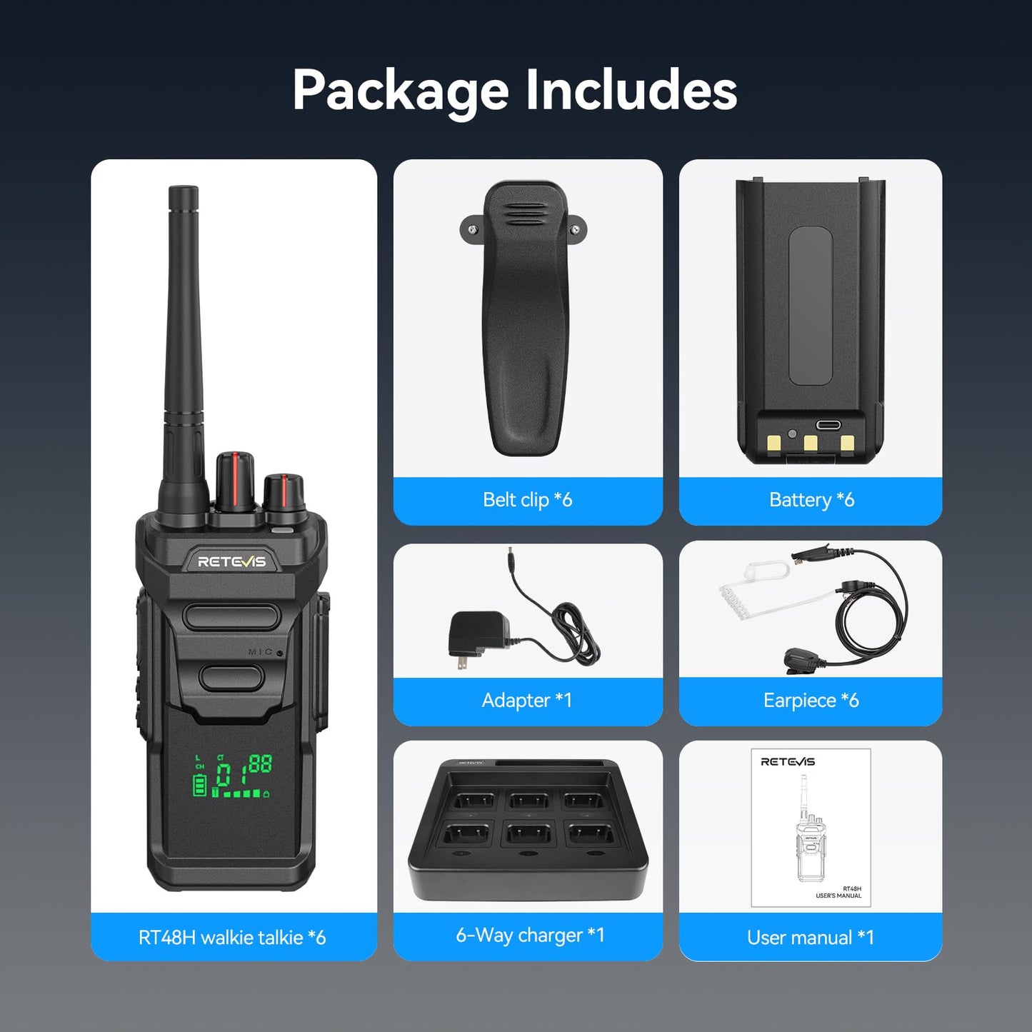 Retevis RT48H (2rd Gen RT48) Waterproof Walkie Talkies, Rugged 2 Way Radio Long Range, Hidden Display Visible Channel, Professional Two Way Radio with Earpiece 6-Way Charger for Industry (6 Pack)