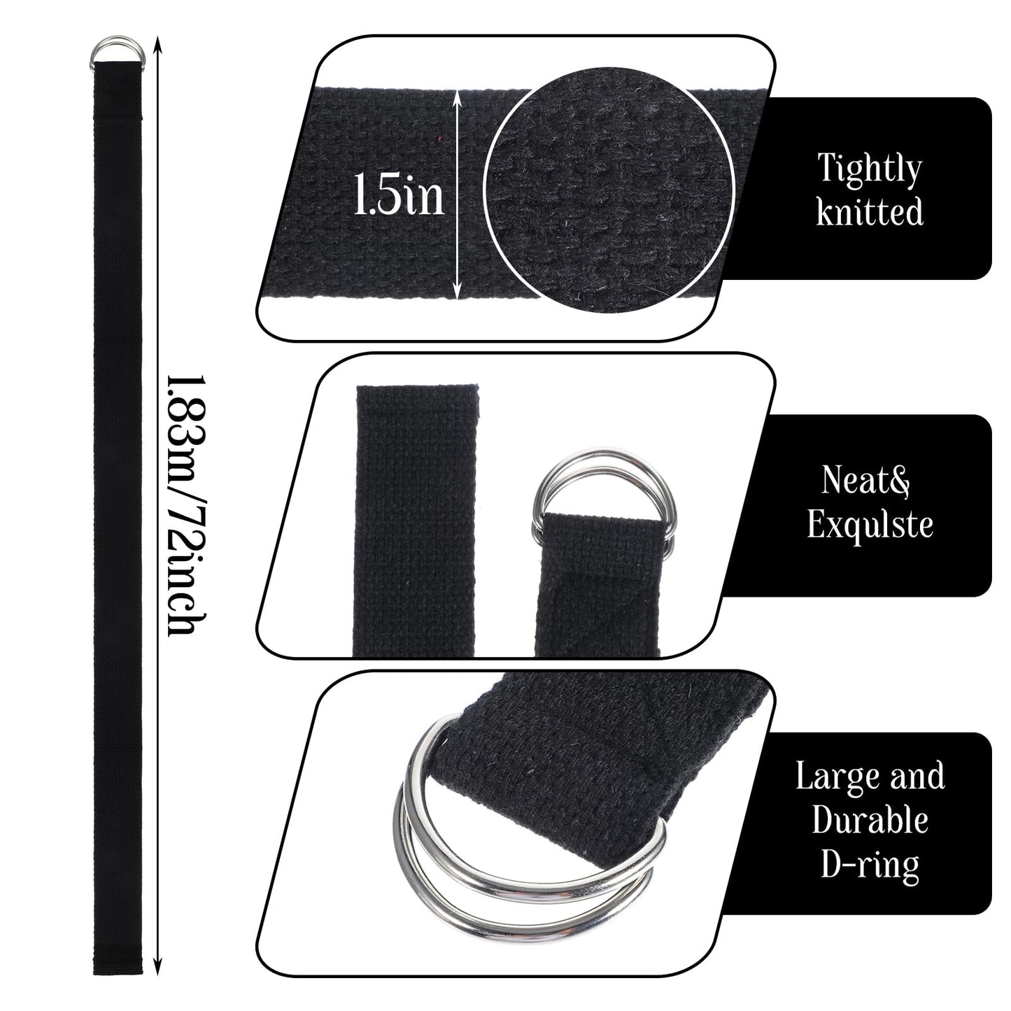 12 Pack Yoga Straps for Stretching, 6 Ft Black Exercise Bands with Adjustable D Ring Buckles for Pilates, Gym Fitness, Flexibility Training, Men Women