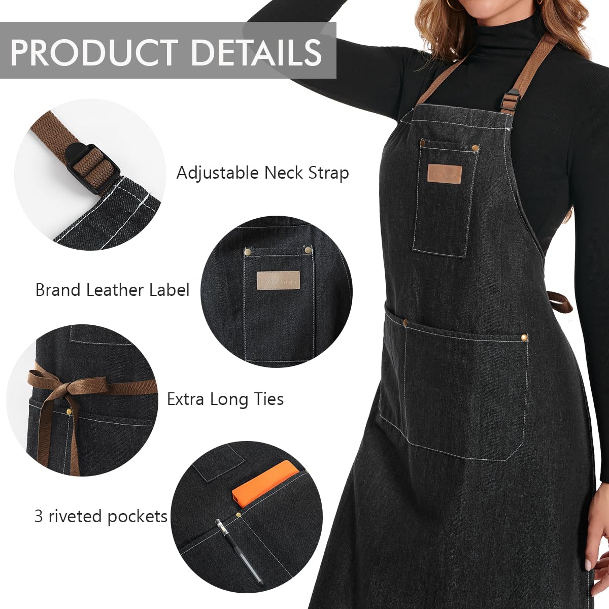 ROTANET Denim Work Apron with 3 Pockets Jean Shop Aprons for Chef Hairstylist Kitchen Woodworking for Men Women Black