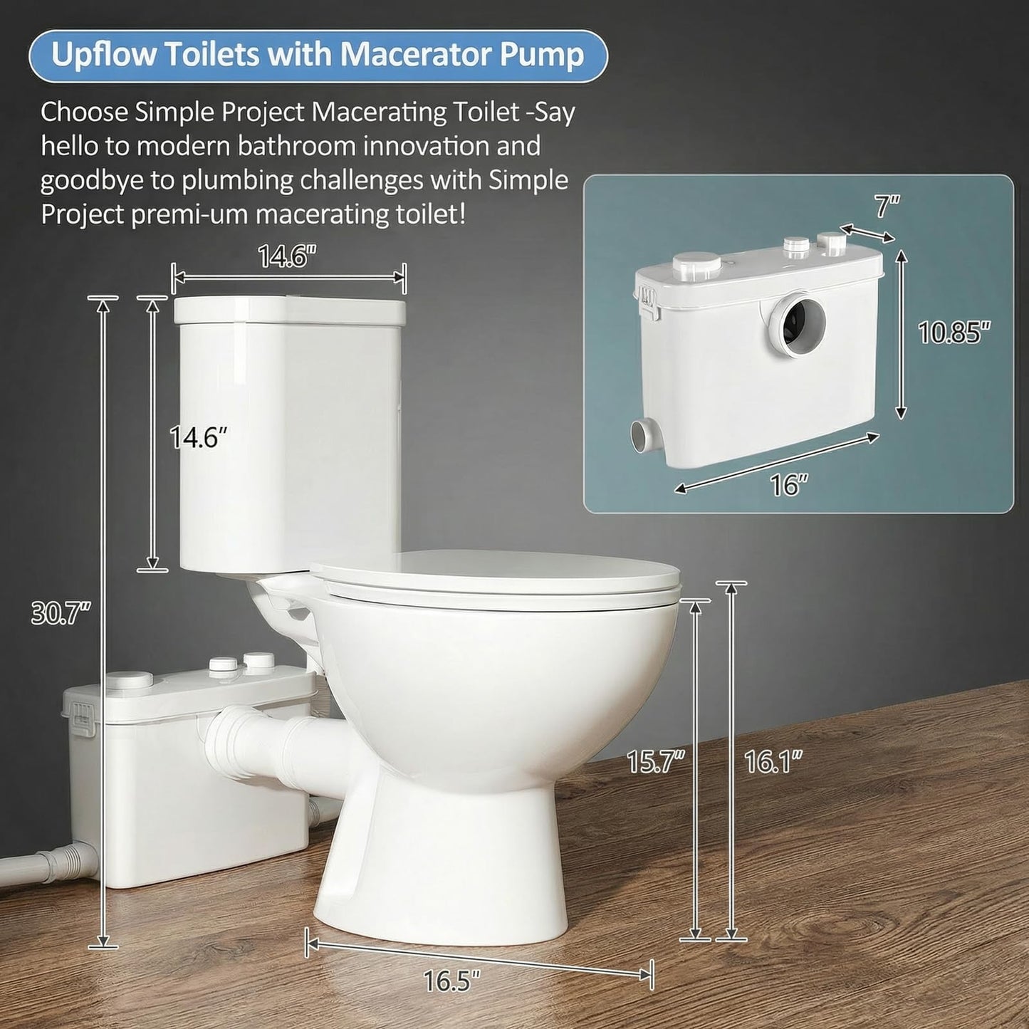 Little Meerkat 500W Upflush Toilet System, Macerating Toilet Kit, Powerful Sewage Pump Toilet, White Ceramic Siphon 1.6GPF Flush Toilet for Bathroom, Basement, Garage, No Plumbing Renovation Needed