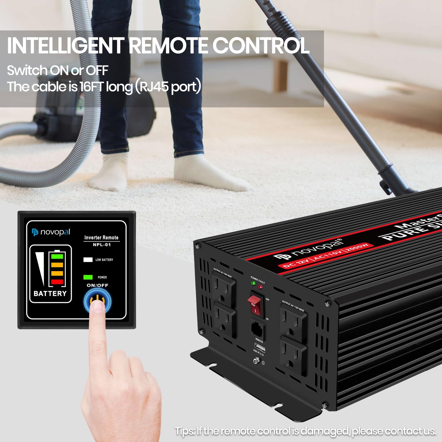 NOVOPAL 2000W Pure Sine Wave Power Inverter 2000 Watt 12V DC to 110V 120V AC,4 AC Outlets, 1 x USB Ports for Off-Grid Solar Car RV Truck Boat with 16FT Wired Remote