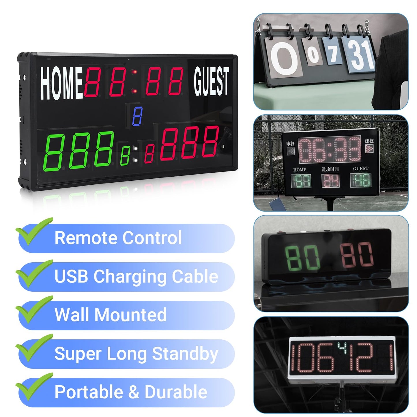 Samshow 2025 LED Electronic Scoreboard Digital Score Keeper with Remote, Basketball Scoreboard with Shot Clock & Timer & 12/24h Real Time for Football/Corn Hole/ping Pong/Table Tennis