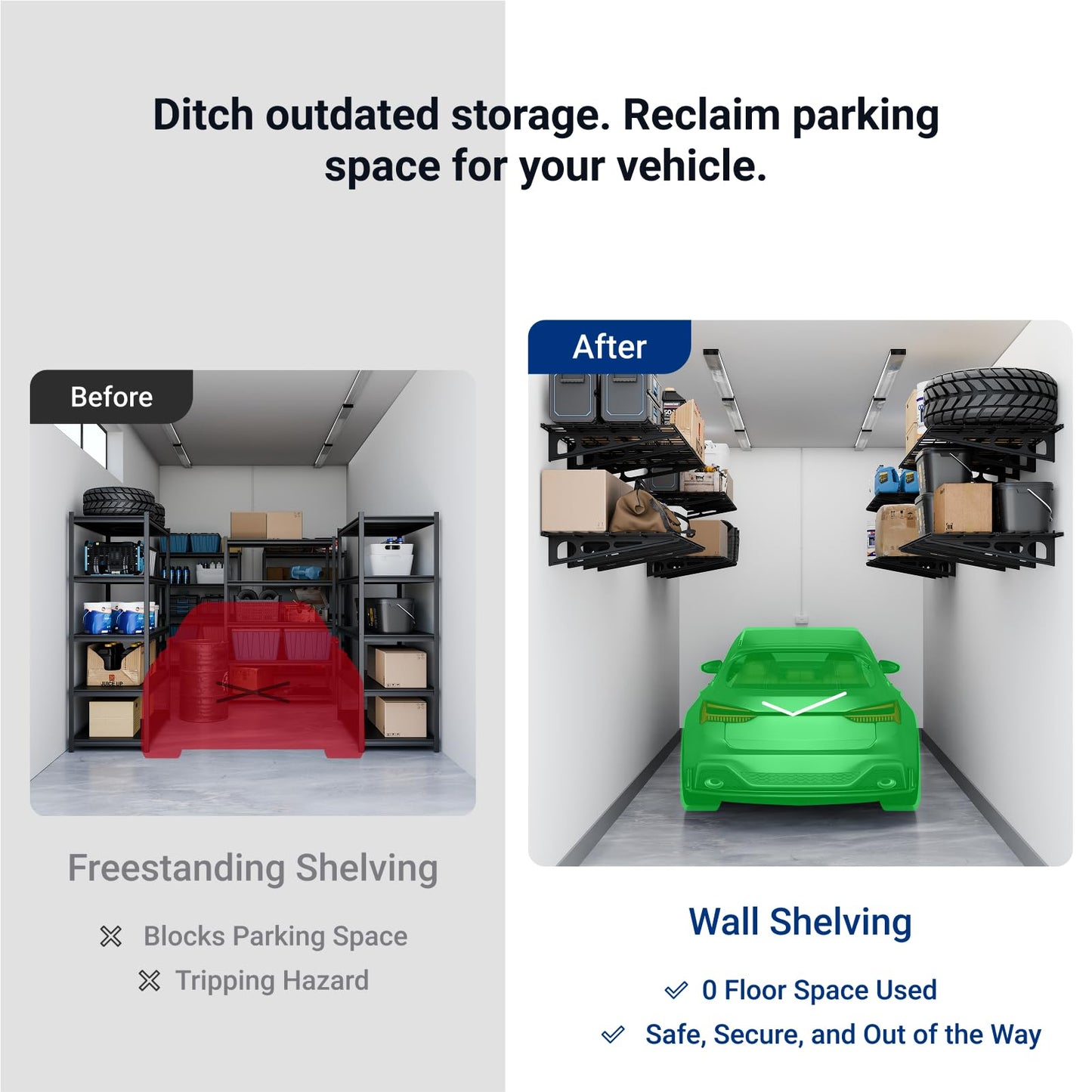 FLEXIMOUNTS 2-Pack 2x6ft Garage Shelving 24-inch-by-72-inch Heavy Duty Wall Mounted Shelves Garage Storage Rack Floating Shelves, 1400lbs Load Capacity, Black, Classic Series