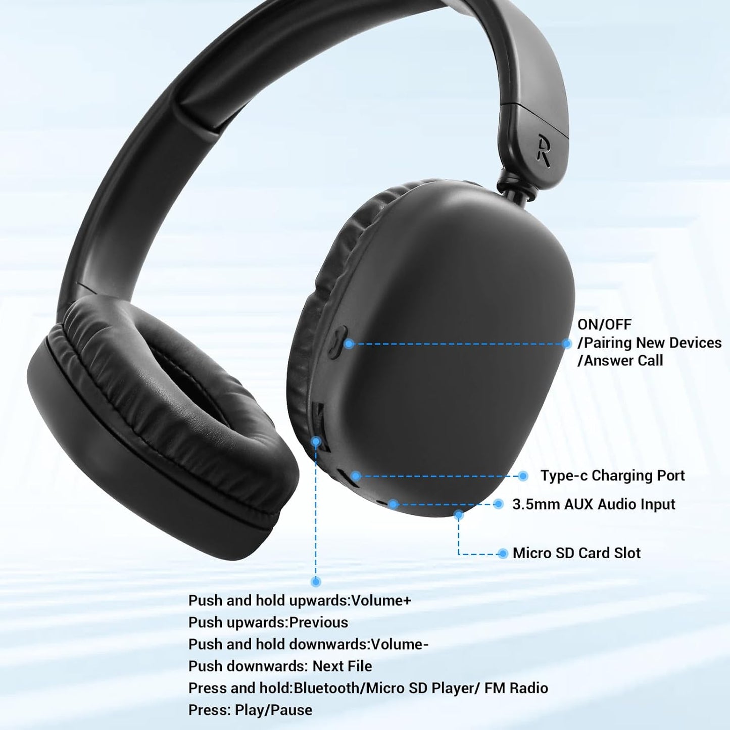 AOGKTON MP3 FM Radio Player Headphones Micro SD Card,Wireless and Wired Lightweight Headphone with Deep Bass and Built