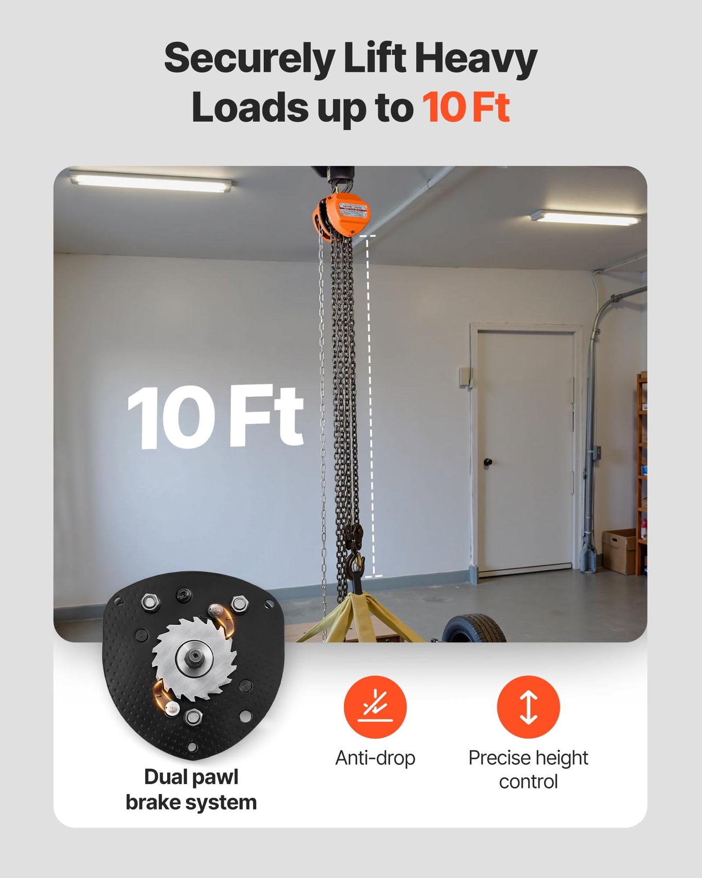 VEVOR Hand Chain Hoist, 3 Ton 6600 lbs Capacity, Manual Chain Block with Upgrade G80 Galvanized Chain, 10 ft Lifting Height, Heavy Duty Pulley Hoist for Garage Warehouse Automotive Machinery, Orange