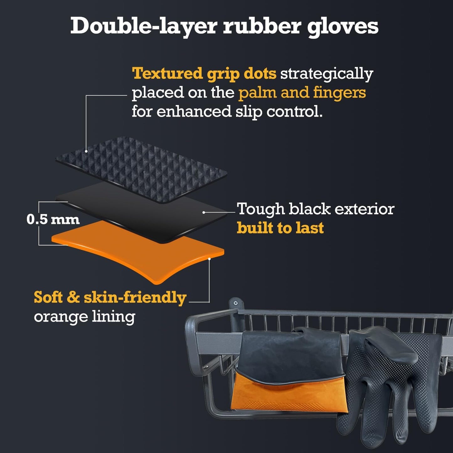 Exprosiflux Heavy-Duty Thick Rubber Cleaning Gloves - 3 Pairs of Extra-Large Black Reusable Waterproof Non-Slip Gloves for Dishwashing and Kitchen Cleaning