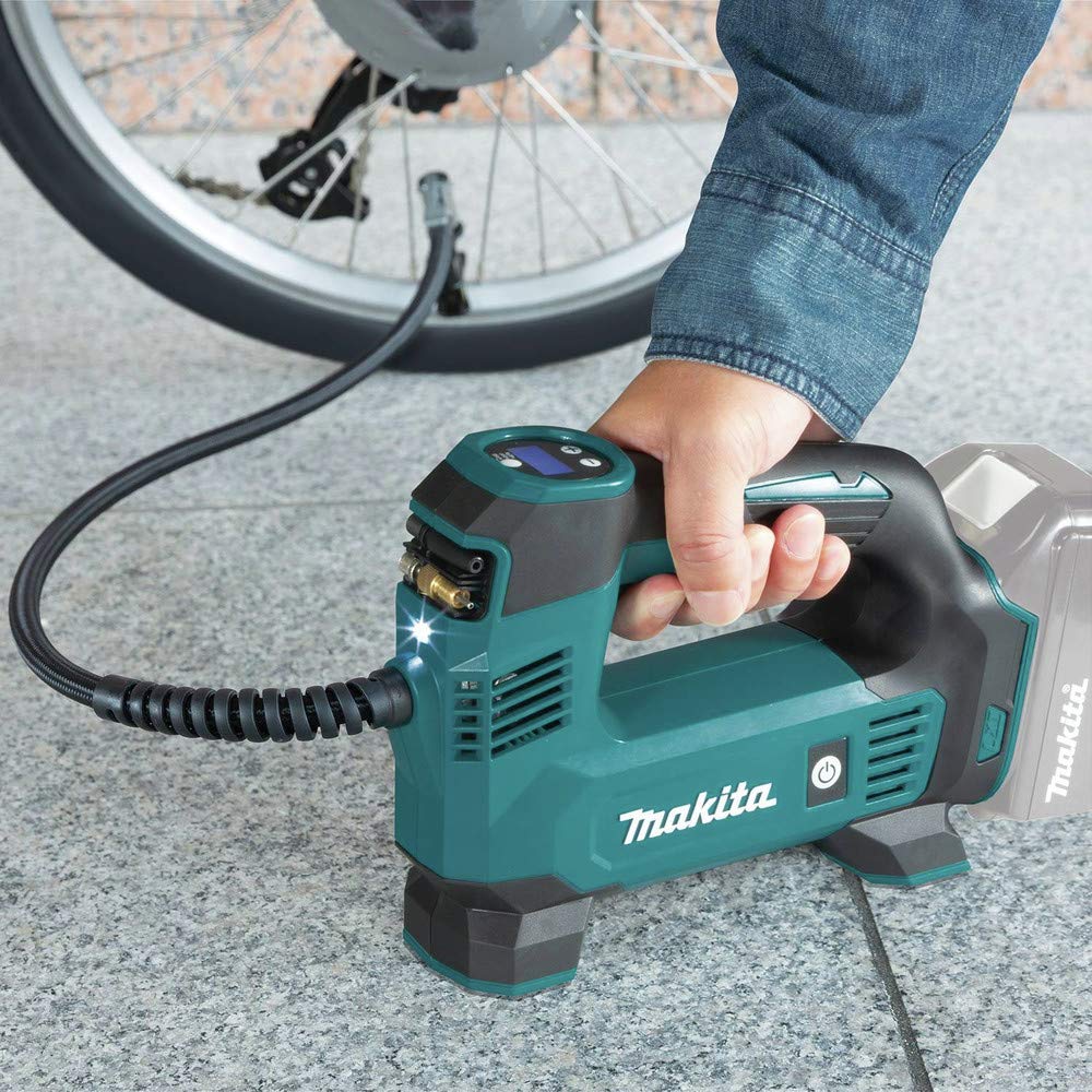 Makita DMP180ZX 18V LXT® Lithium-Ion Cordless Inflator, Battery Powered, Tool Only(battery and charger not included);Presta valve adapter;Sports ball needle;Tapered adapter, Teal