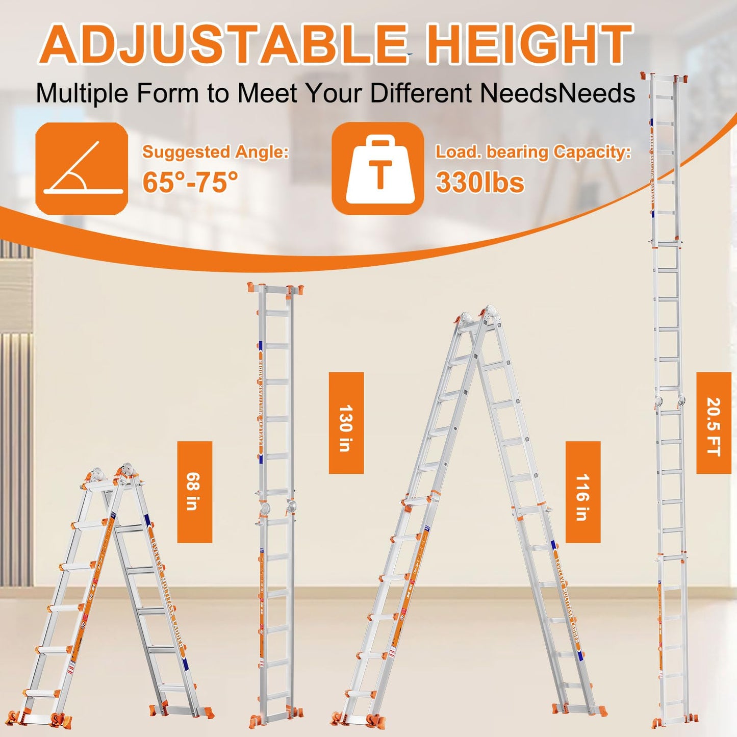 LEVELEVE 22FT Extension Ladder,A Frame 6 Step Ladder with Stabilizer Bar & Wheels,330 lbs Security Load Multi Position Ladder for Stairs Home Indoor Outdoor Roof