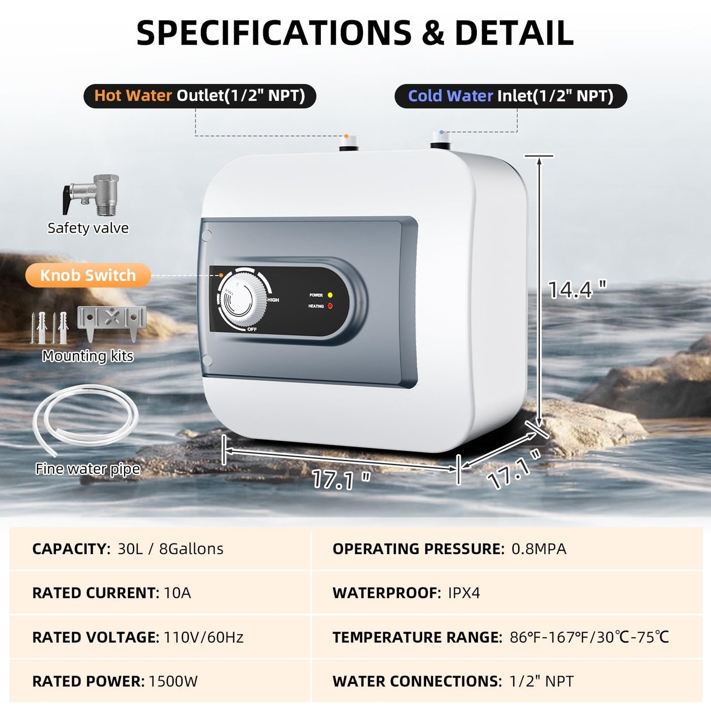 Electric Mini Tank Water Heater, 8Gallon Under Sink On Demand Hot Water Heater, Wall or Floor Mounted, 1500W Point of Use Instant Hot Water for RV Kitchen Bathroom Restaurant