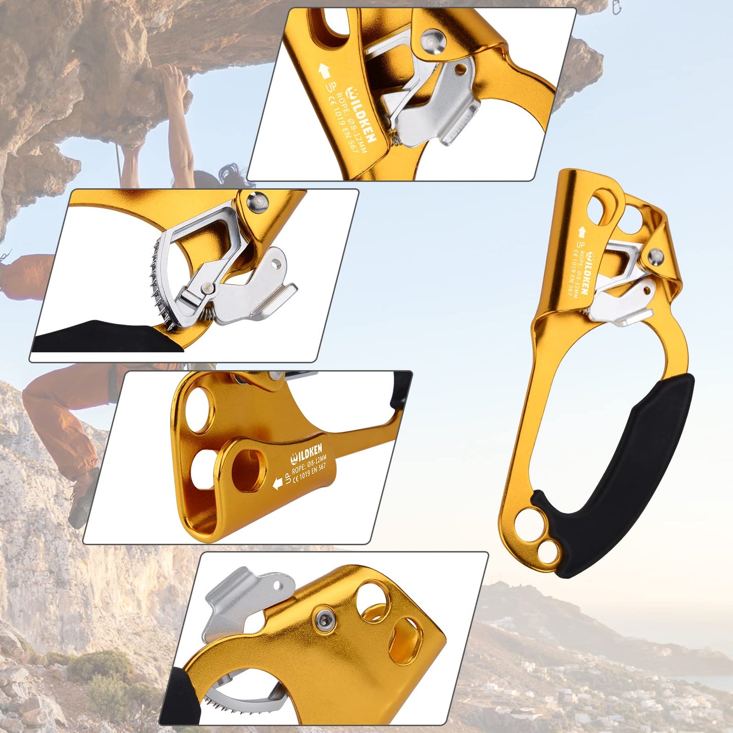 WILDKEN Climbing Hand Ascender Outdoor Mountaineering Tree Arborist Climbing Rappelling Equip Hand Ascender for 8-12MM Rope Left Right Hand Ascender