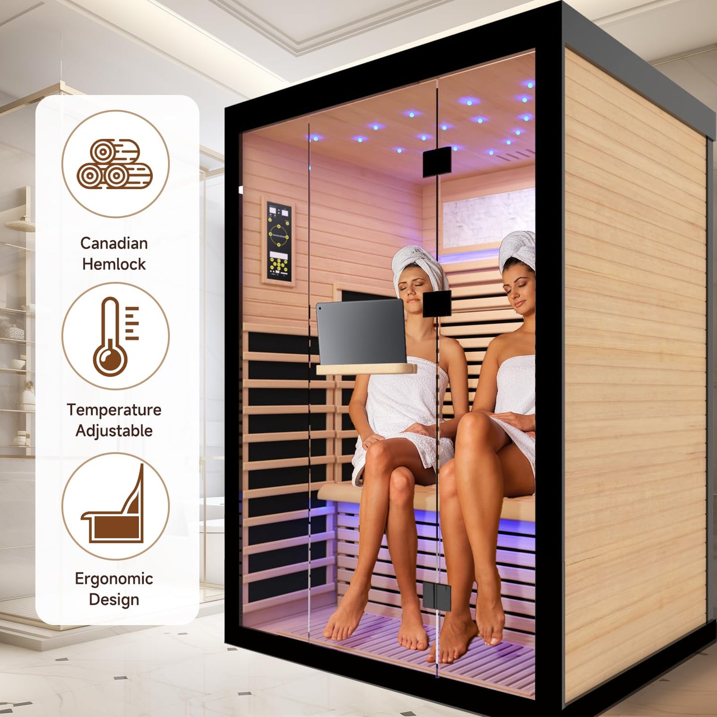 OUTEXER Sauna for 2 Person Far Infrared Saunas 2100W 120V Room Home Canadian Hemlock Indoor Low-EMF Dry Saunas with with Oxygen Bar 7 Color Light 53.1 * 47.2 * 74.8inch