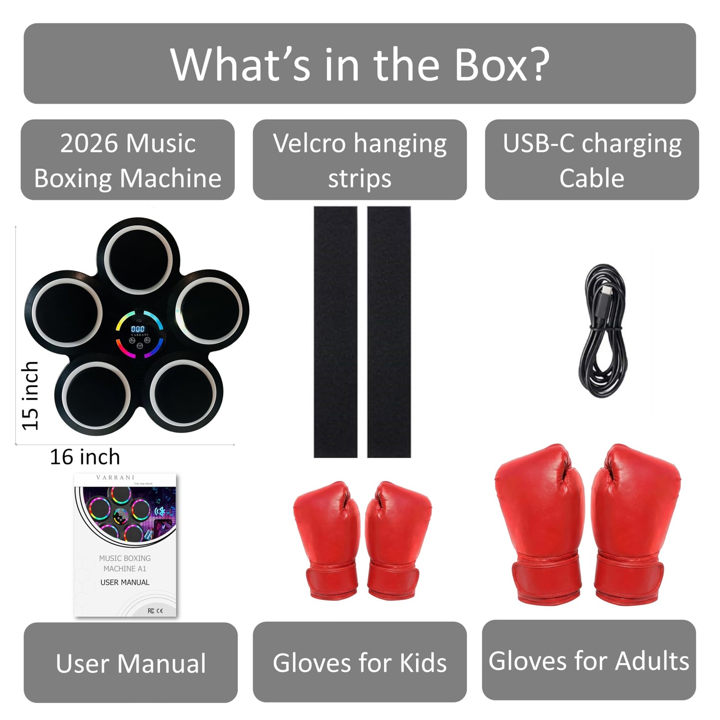VARRANI Music Boxing Machine - 2026 Upgraded Interactive Boxing Trainer - 2 Pairs of Gloves - for Kids & Adults - Wall Mounted Easy Installation - 9 Speeds 9 Modes - Electronic Boxing Target