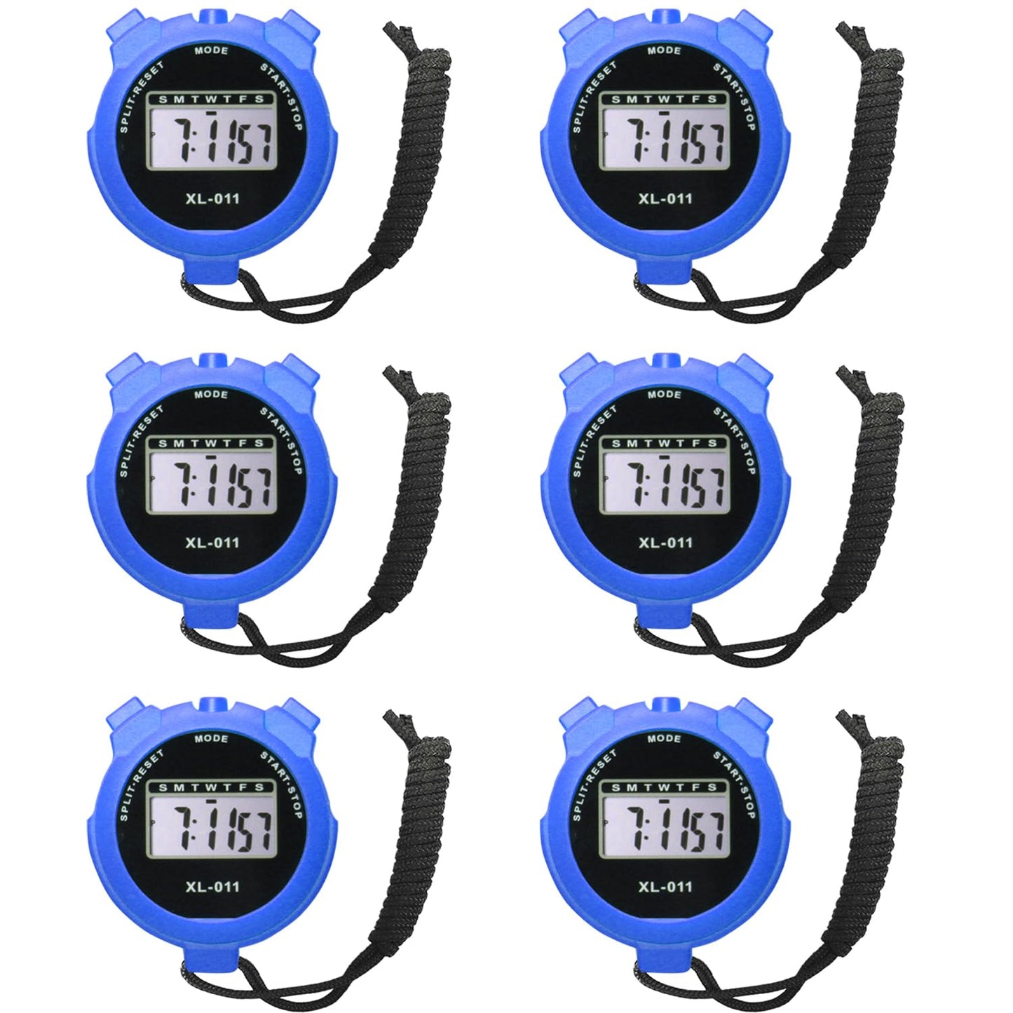 6-Pack Multi-Function Electronic Digital Sport Stopwatch Timer, Large Display with Date Time and Alarm Function, Sports Coaches Fitness Coaches and Referees (Blue)