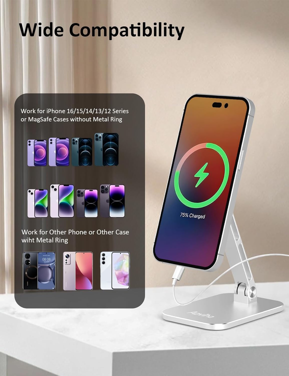 Aoviho 360 16/15/14/13/12 Magnetic Phone Stand for MagSafe Adjustable - Aluminum Portable Phone Holder for Desk