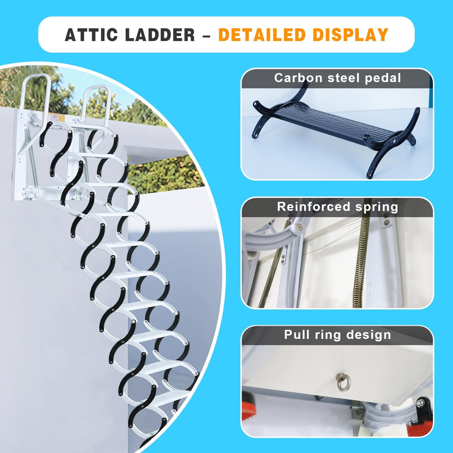 12 Steps Wall-Mounted Attic Ladder, Attic Pull Down System, Retractable Ladders for Loft, Metal Folding Attic Ladder Telescoping Steps, Pull Down Stairs for Attics Garages Roofs (Black-White, 12 Step)