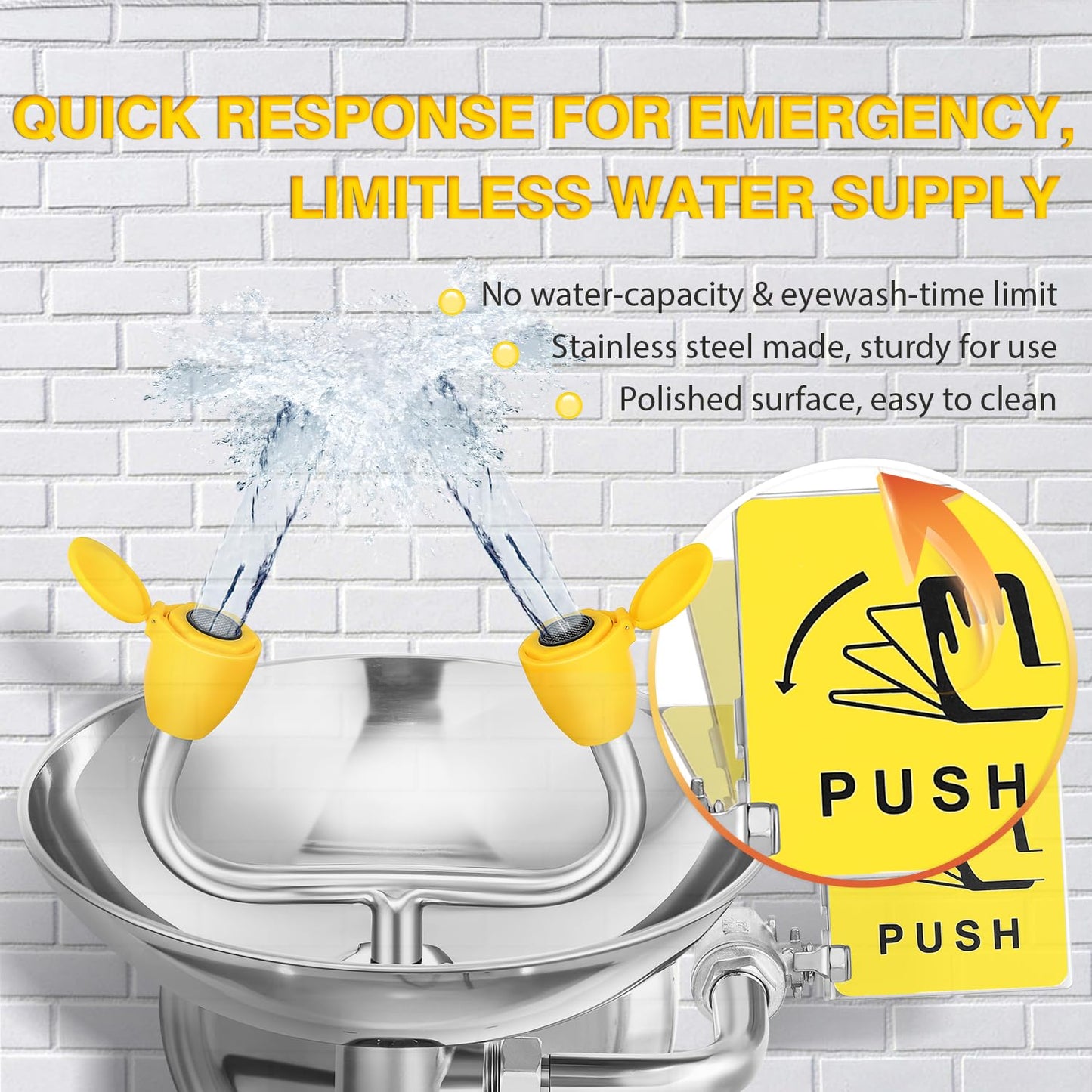 CGOLDENWALL Eye Wash Station Wall Mounted Eyewash Station Emergency Eye Face Washing Sink Plumbing Connection, NPT Thread, with Eyewash Sign, 304 Stainless Steel