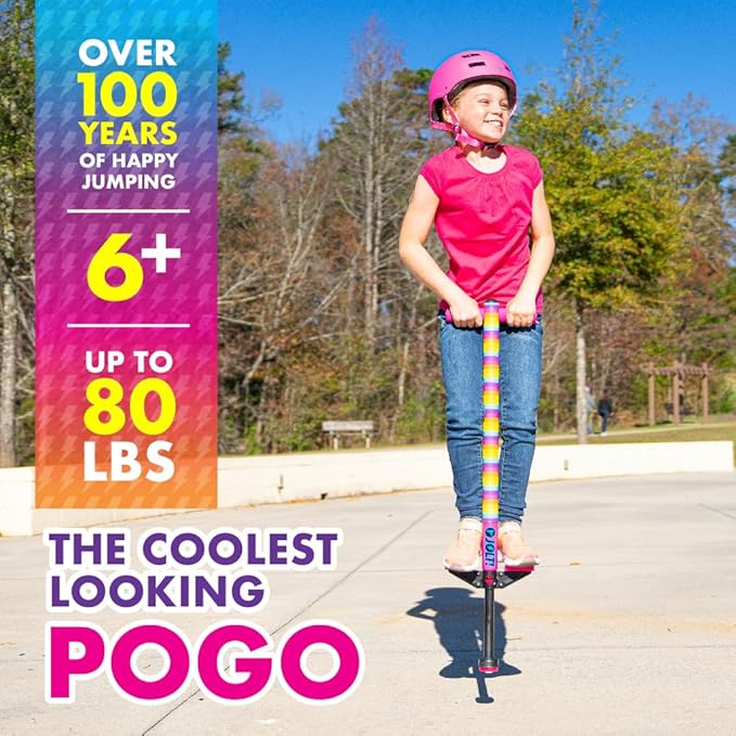 Flybar Pogo Stick for Kids, 40 to 80 Pounds, Perfect for Beginners, Easy Grip Foam Handles, Anti-Slip Foot Pegs, Outdoor Toys for Boys, Jumper Toys for Girls, Outside Toys for Kids (Jolt, Rainbow)